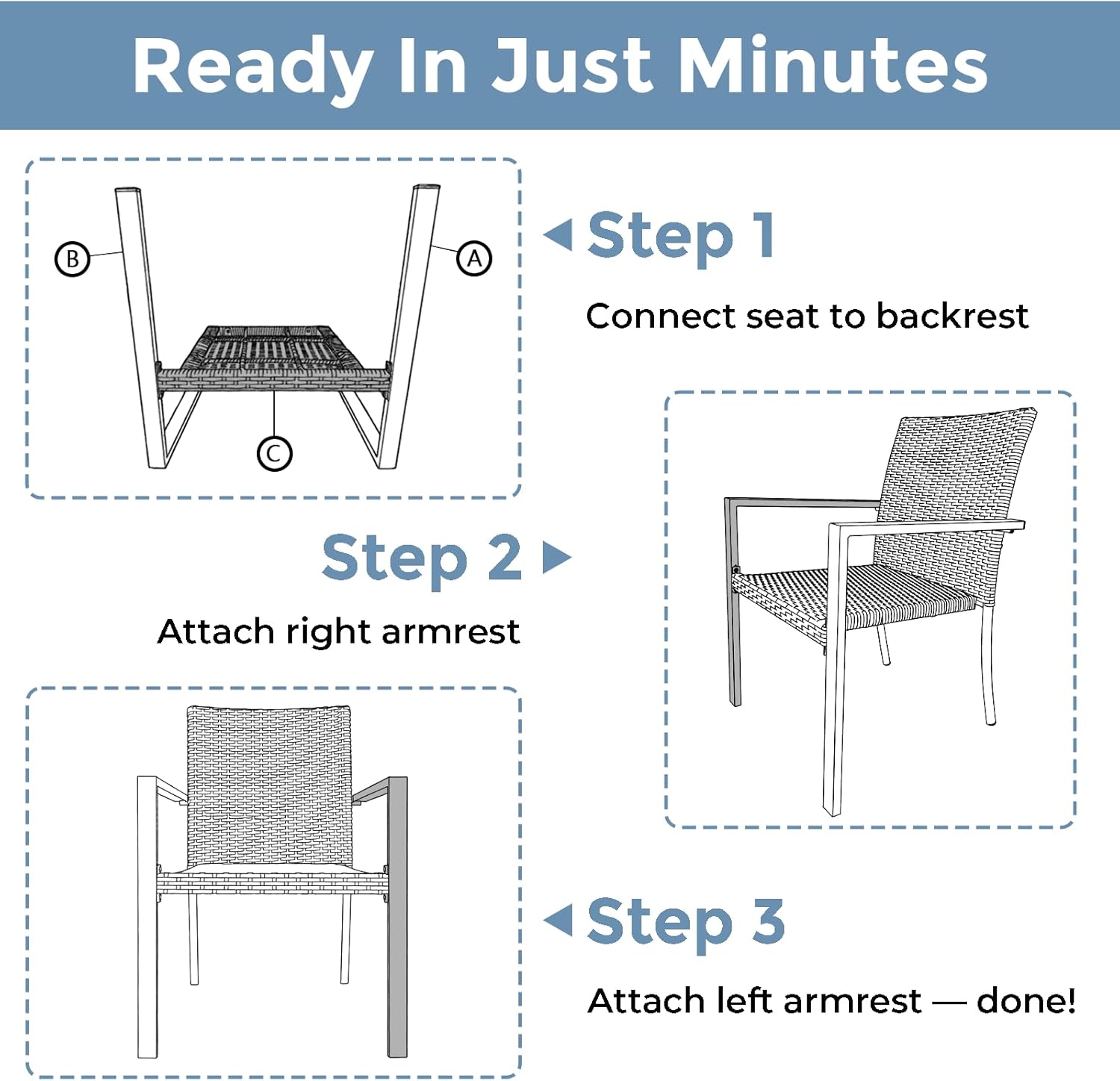 Stackable Patio Chairs Set of 2, Outdoor Wicker Dining Chairs with Armrests & Steel Frame