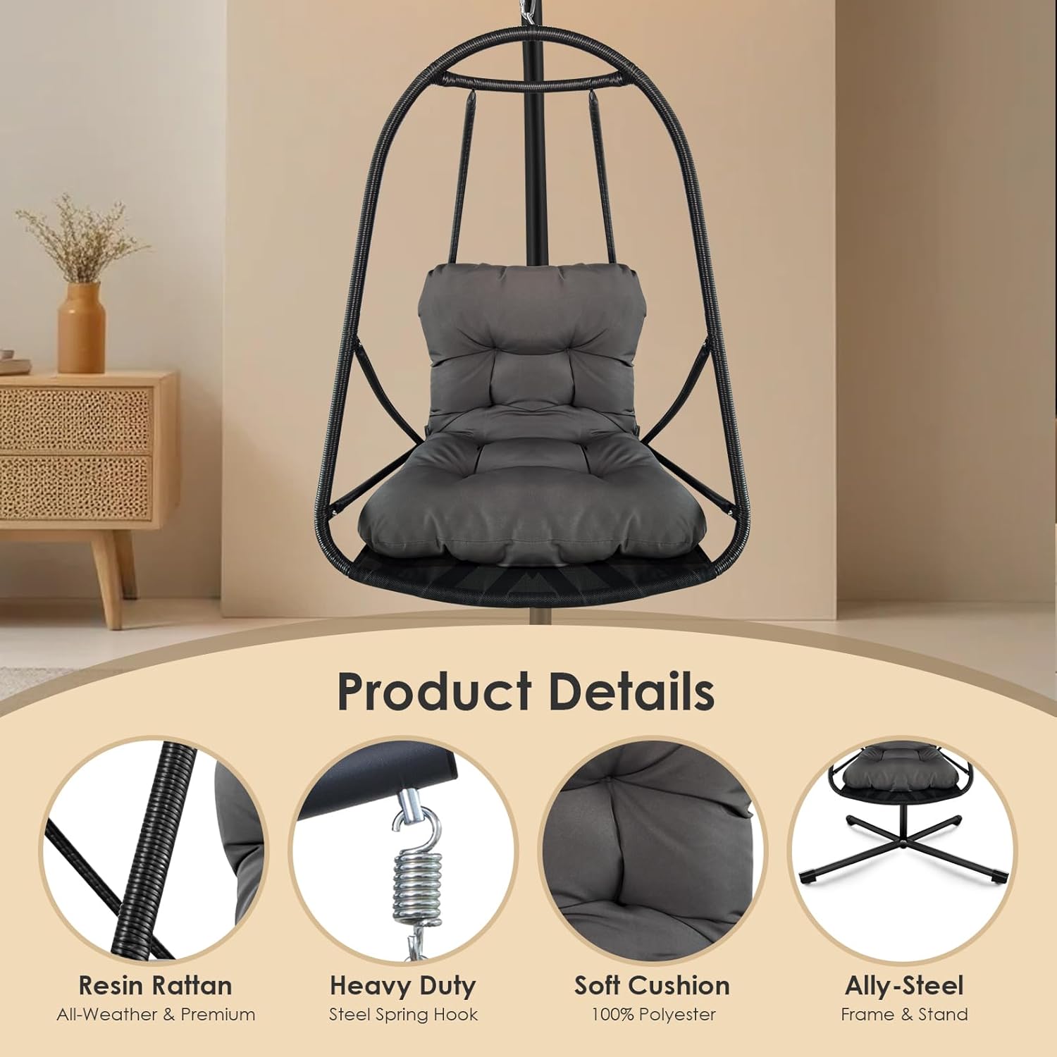 Swing Egg Chair Without Stand Foldable Frame Hanging Chairs for Indoor Outside