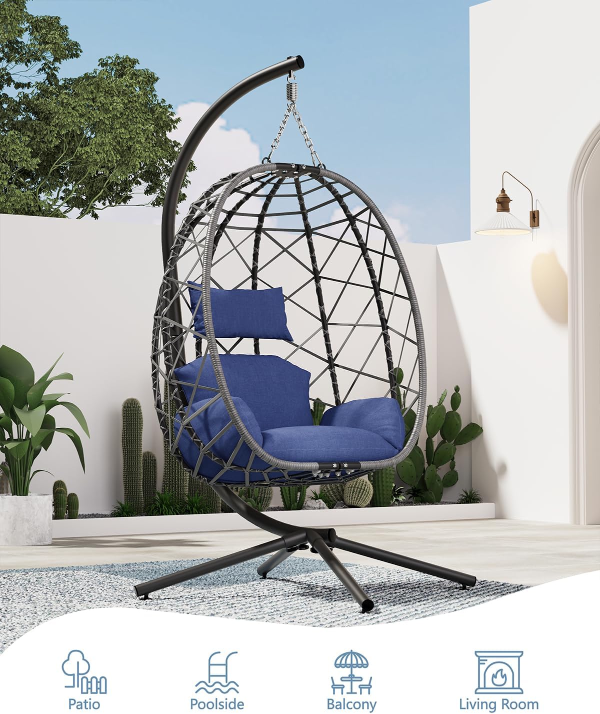 Hanging Egg Chair with Stand, Outdoor Indoor Rattan Wicker Egg Swing Chair with Cushion, Heavy Duty Patio Hammock Chairs