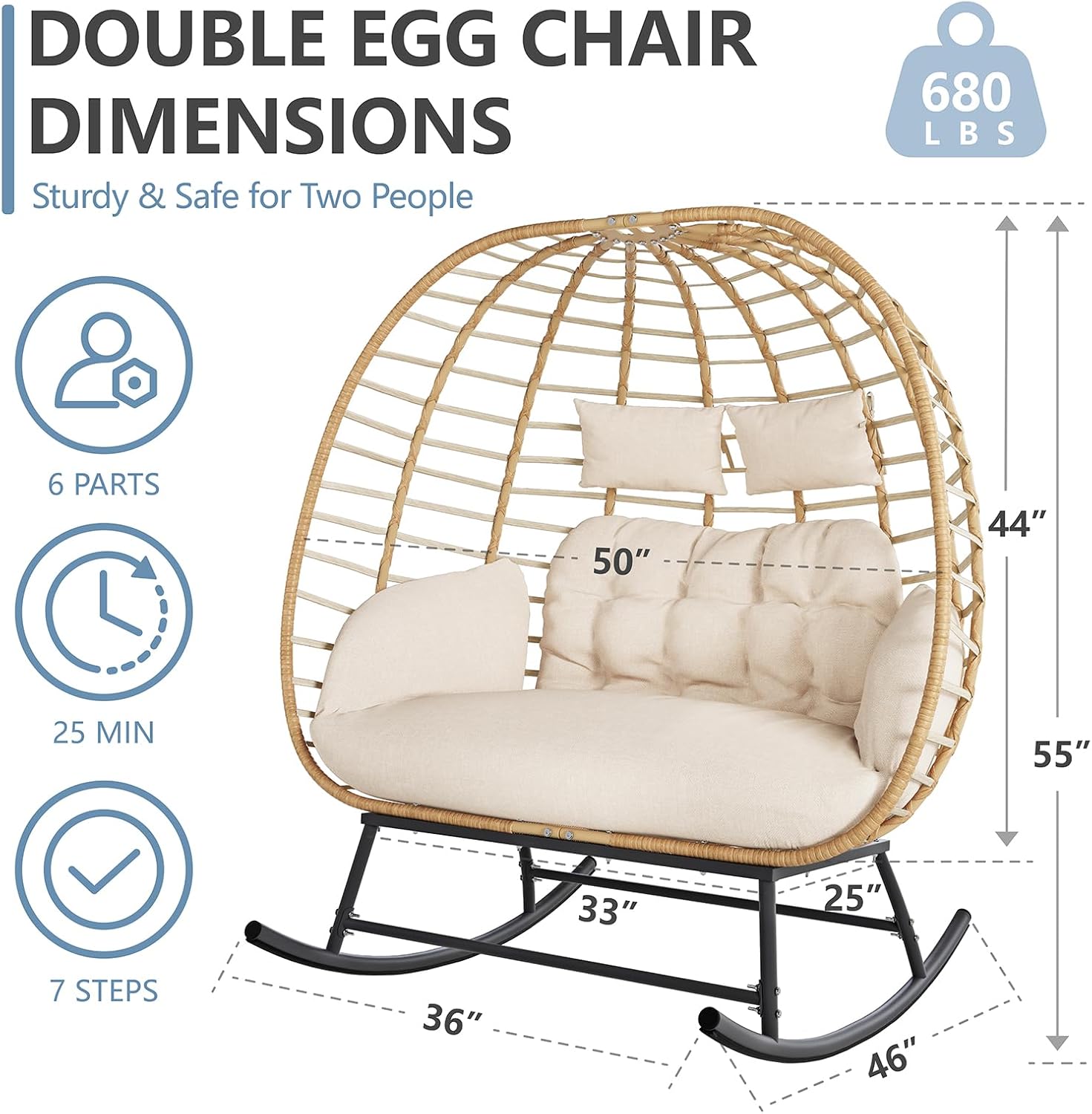 Egg Swing Loveseat with Thick Cushions, Oversized 2-Person Patio Lounge Chair, 680 LBS Capacity for Balcony