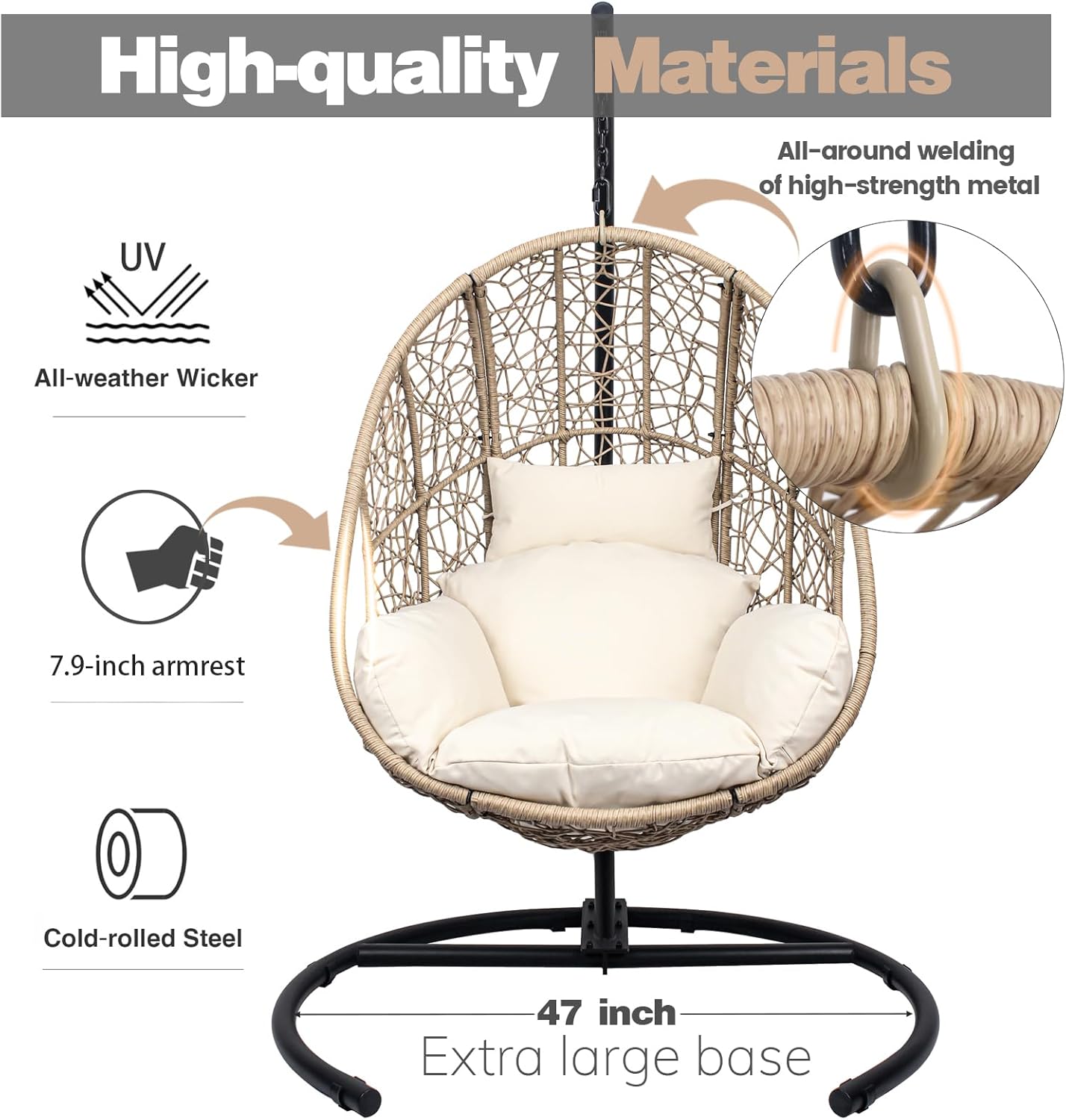 Oversized Hanging Egg Chair with Stand Outdoor Wicker Swing Chair Comfy Hammock Egg Shaped Chair 400lbs Capacity