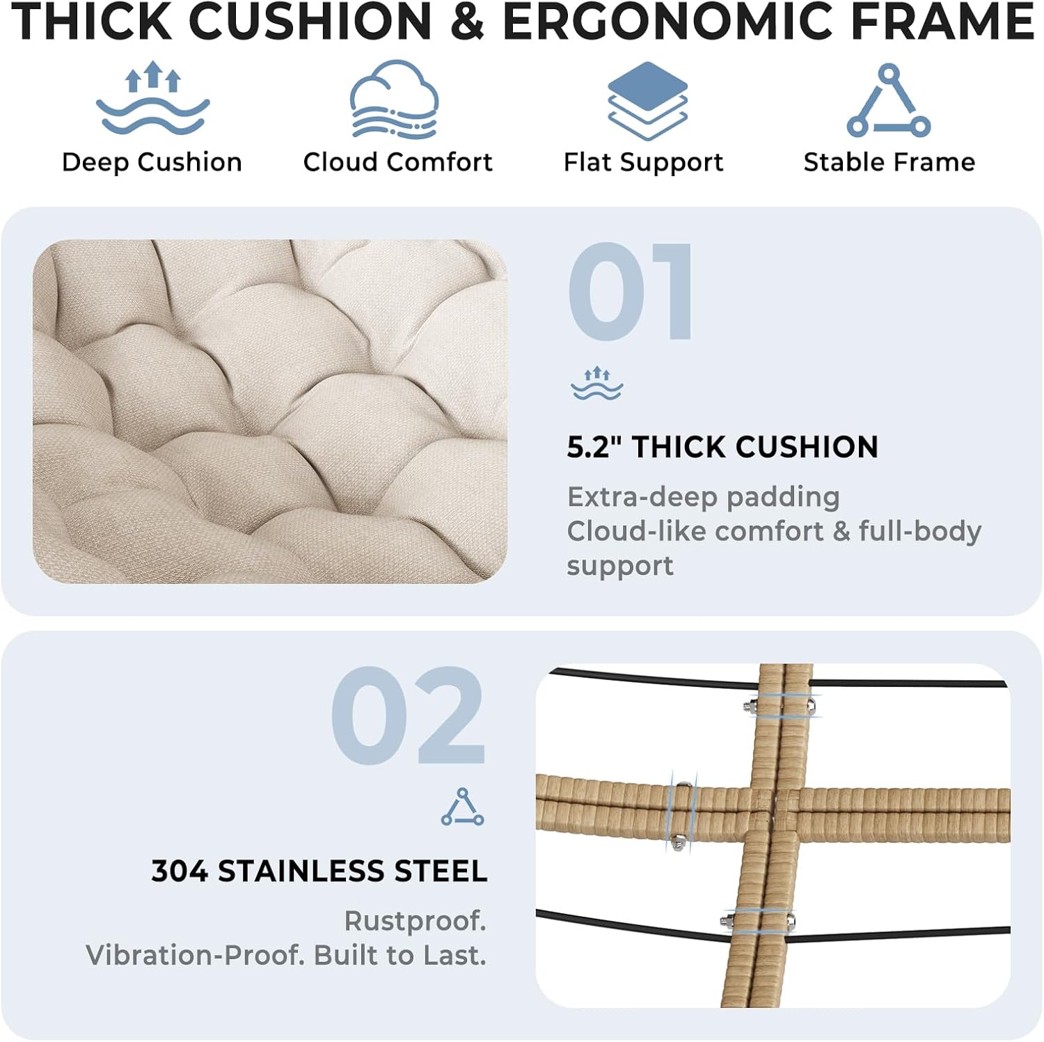 Oversized Double Rocking Papasan Chair, Outdoor Wicker Egg Loveseat with Thick Cushion