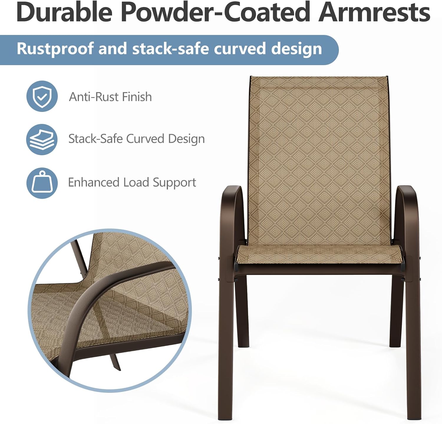 Patio Chairs Set of 4 with Armrests, Outdoor Stackable Dining Chairs with Breathable Backrest and Metal Frame