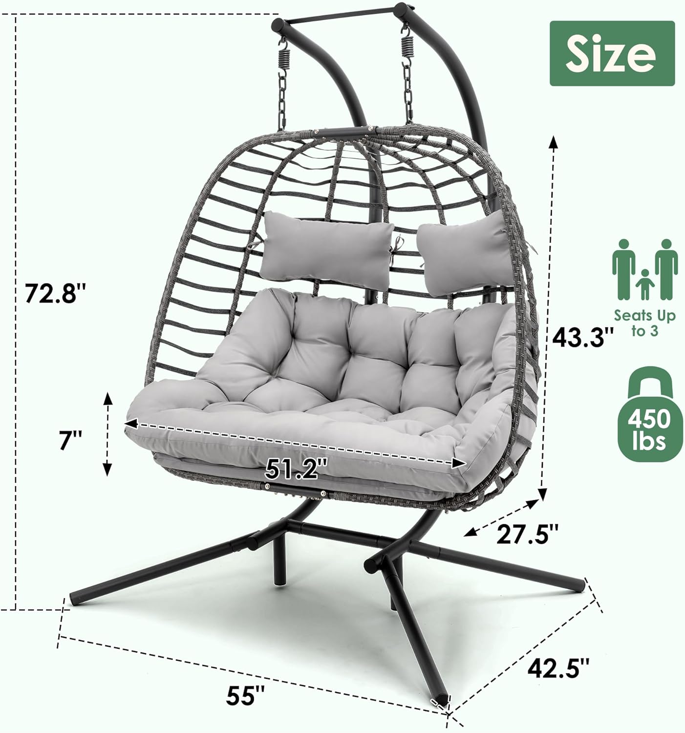 2 Person Hanging Egg Chair with Stand for Outdoor, Patio Hand Made Rattan Wicker Double Egg Swing Chair