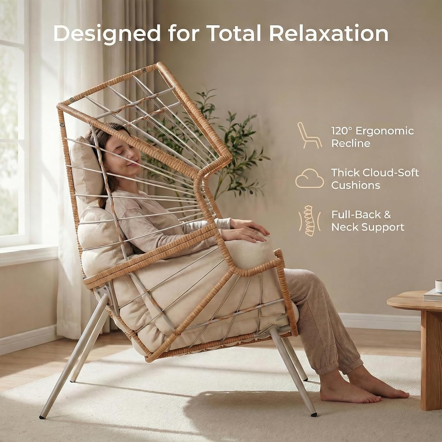 Wicker Egg Chair Outdoor Indoor, Oversized Patio Egg Chair with Cushion