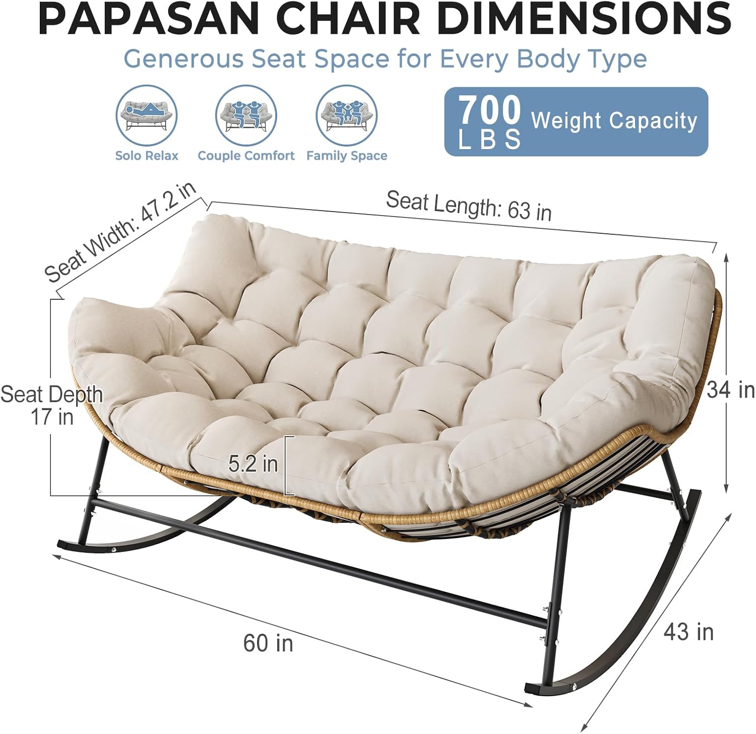 Oversized Double Rocking Papasan Chair, Outdoor Wicker Egg Loveseat with Thick Cushion