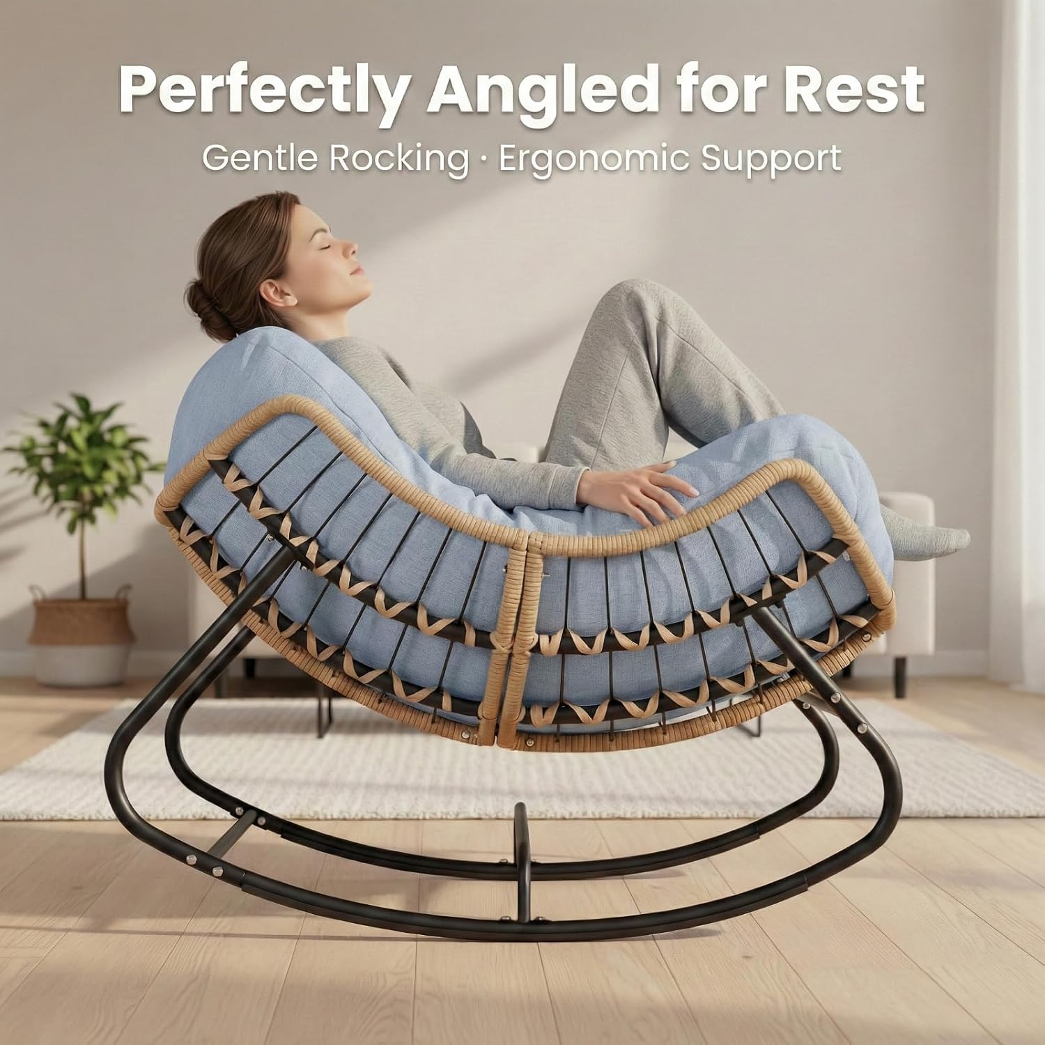 Outdoor Rocking Chair, Oversized Patio Papasan Rocker, Comfy Wicker Reading Lounge