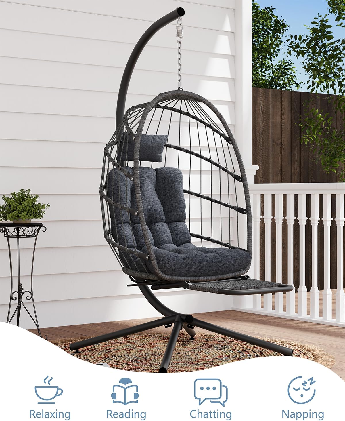 Egg Chair Outdoor with Footrest & Stand, Indoor Wicker Hanging Egg Swing Chair with Cushion