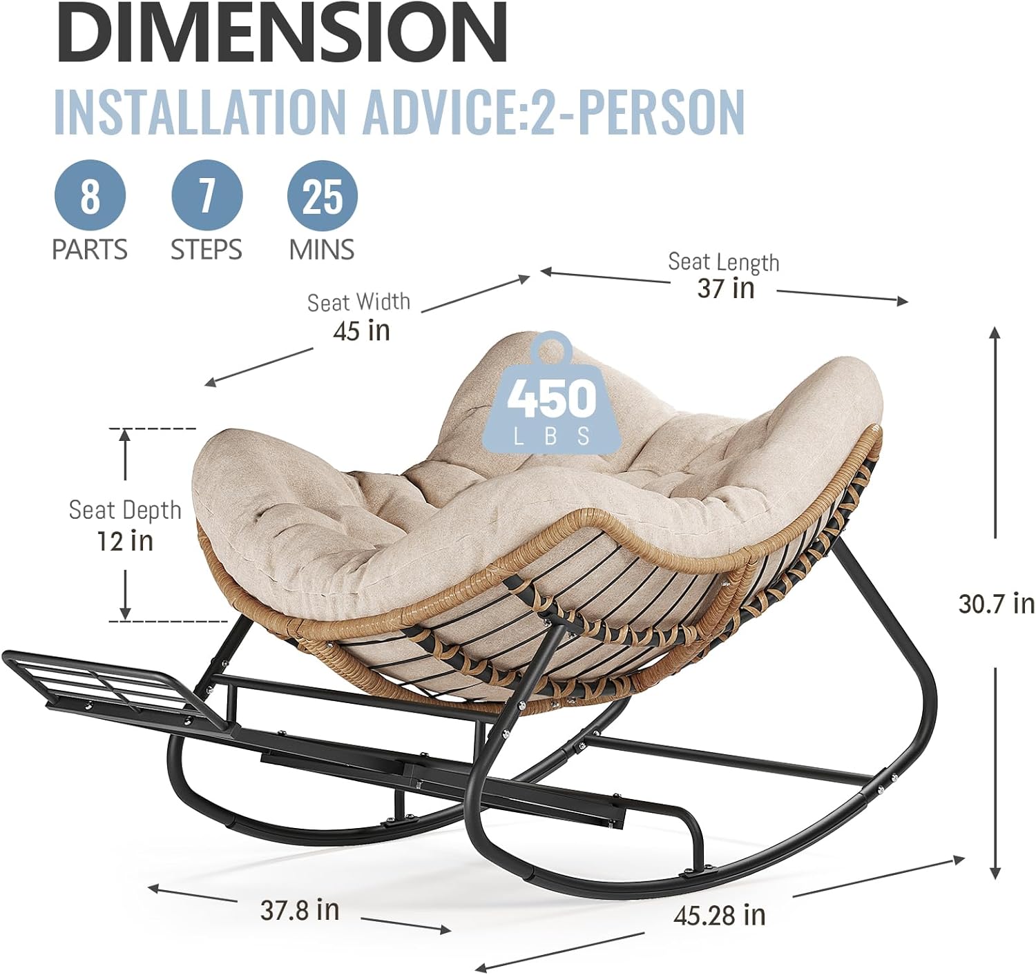 Outdoor Papasan Rocking Chair with Adjustable Footrest, Oversized Wicker Zero-Gravity Chair with Cushion