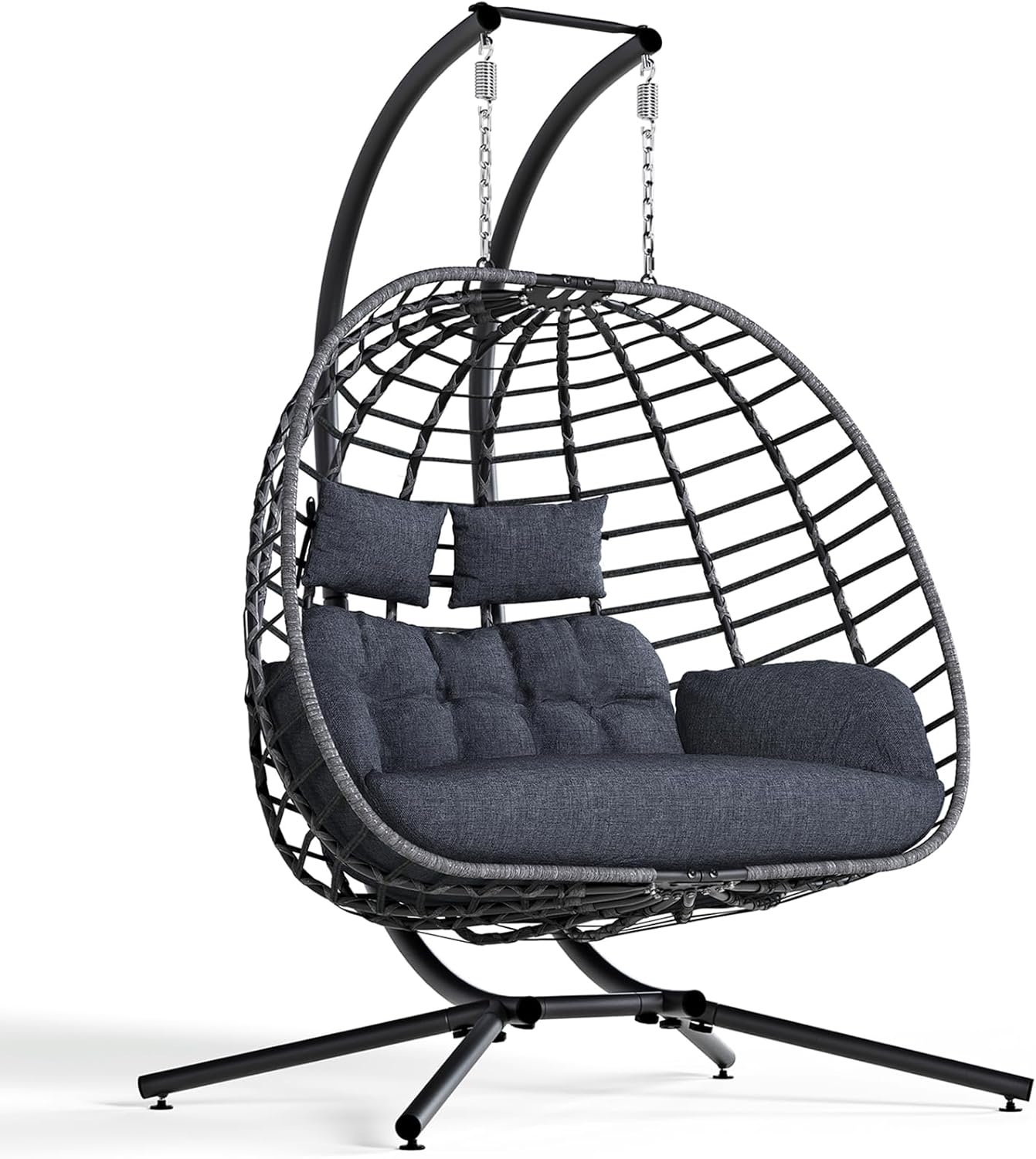 Double Egg Swing Chair with Stand, Outdoor Patio 2 Person Hanging Wicker Hammock Chairs with Cushion