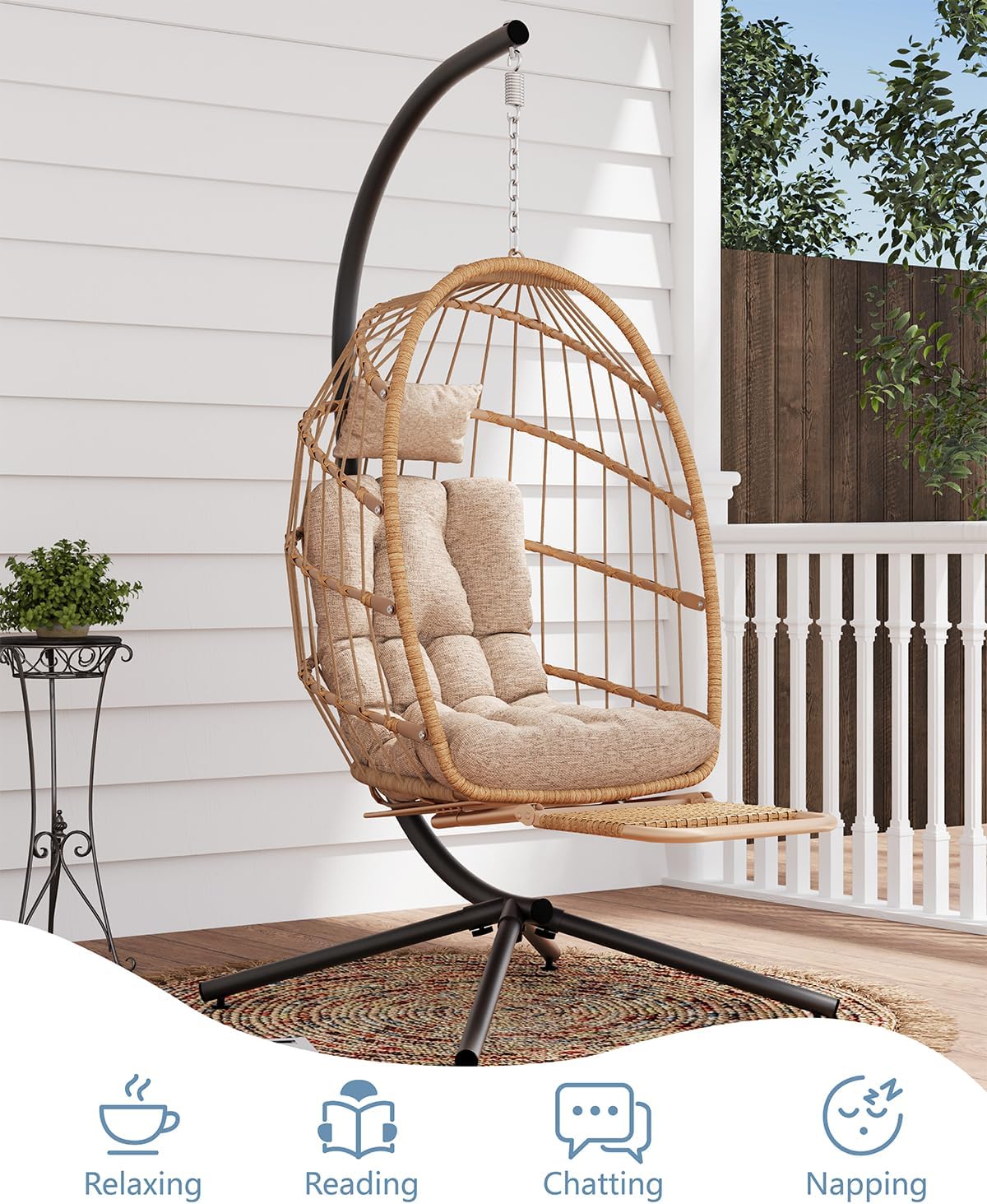 Egg Chair Outdoor with Footrest & Stand, Indoor Wicker Hanging Egg Swing Chair with Cushion for Patio