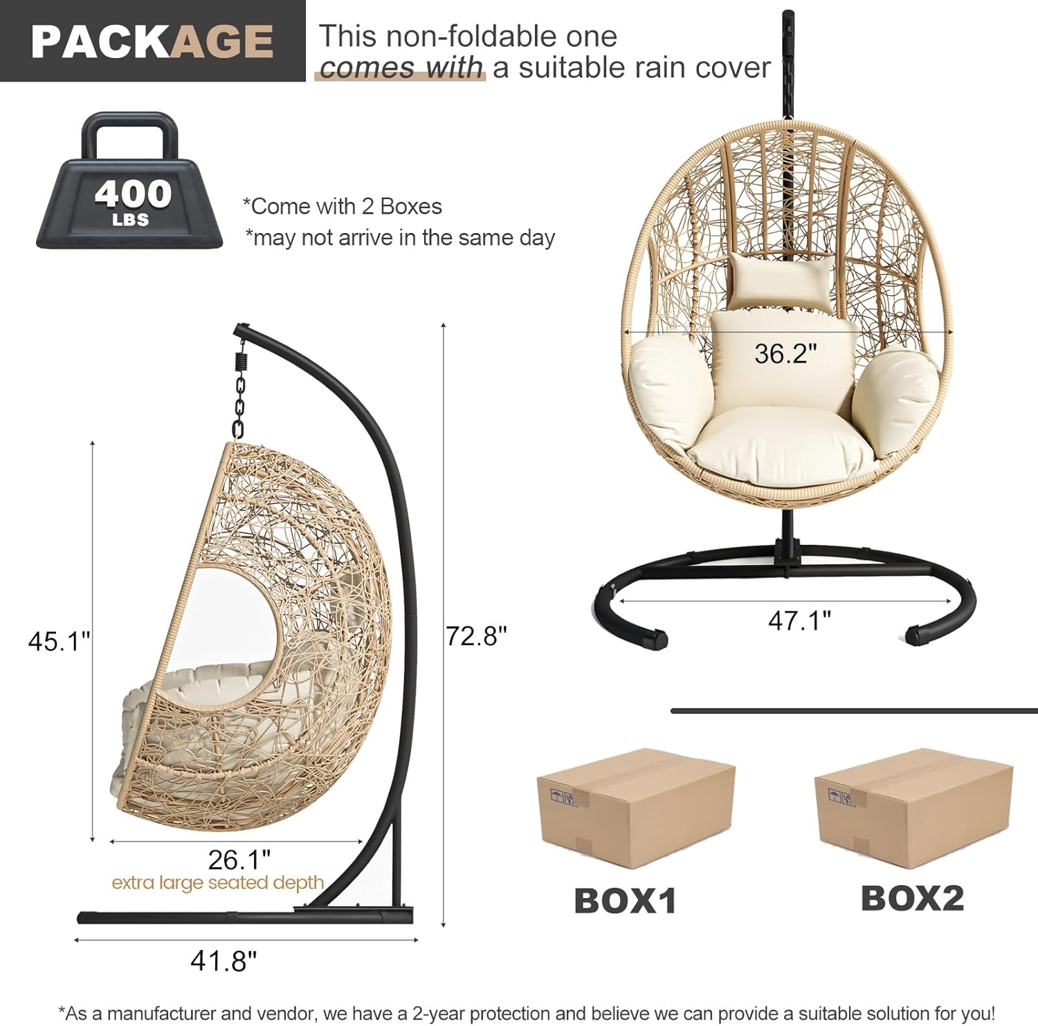Oversized Hanging Egg Chair with Stand Outdoor Wicker Swing Chair Comfy Hammock Egg Shaped Chair 400lbs Capacity