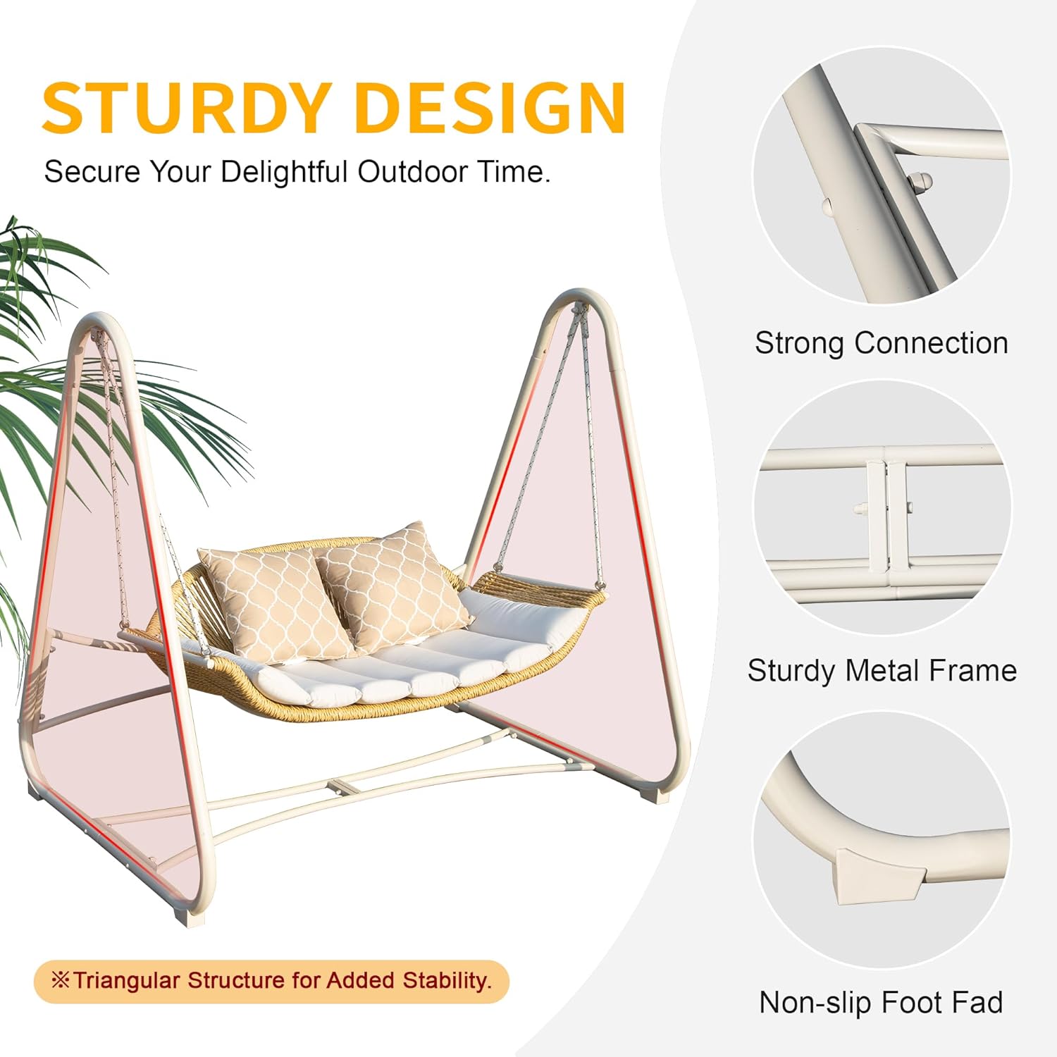 2-Seat Hanging Swing Chair with Thickened Cushions and Pillow, Rattan Porch Swing Chair