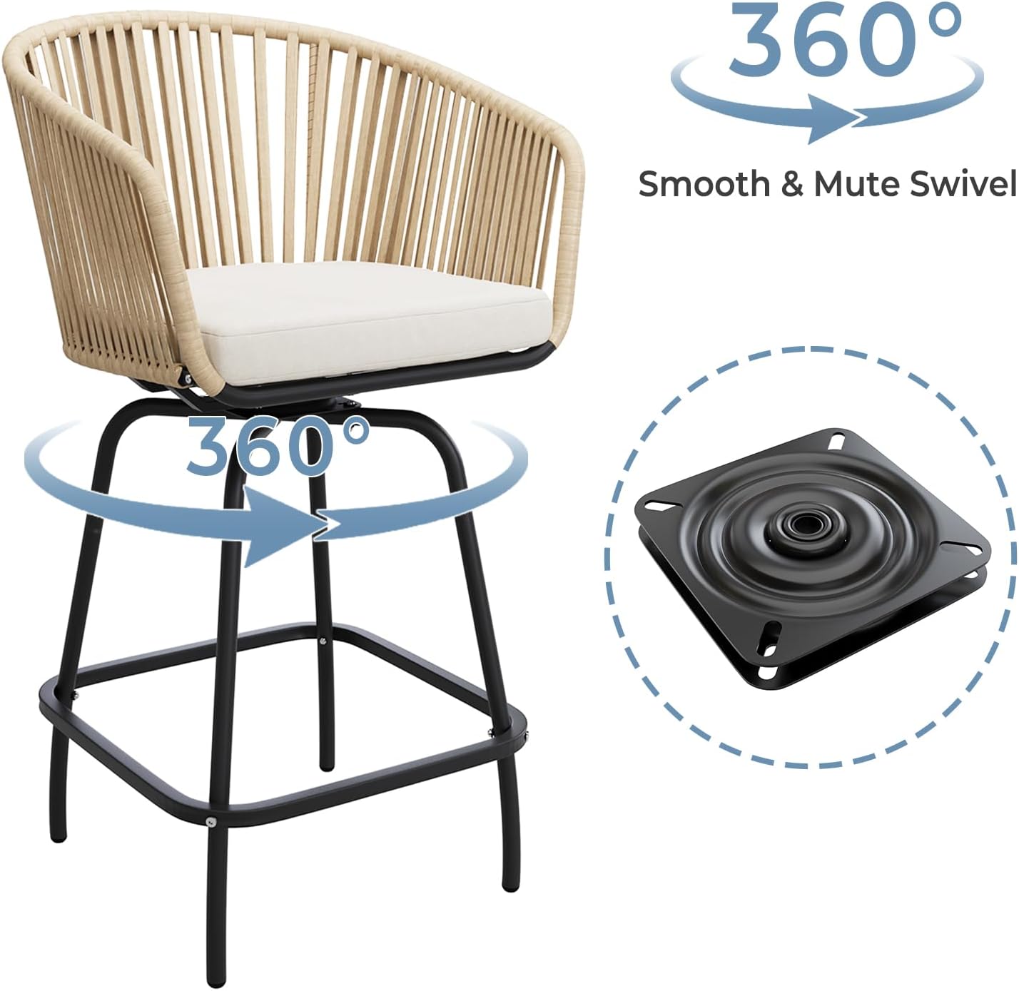Outdoor Swivel Bar Stools Set of 2, 26.8" Counter Height Patio Chairs with 360° Rotation & Removable Cushion