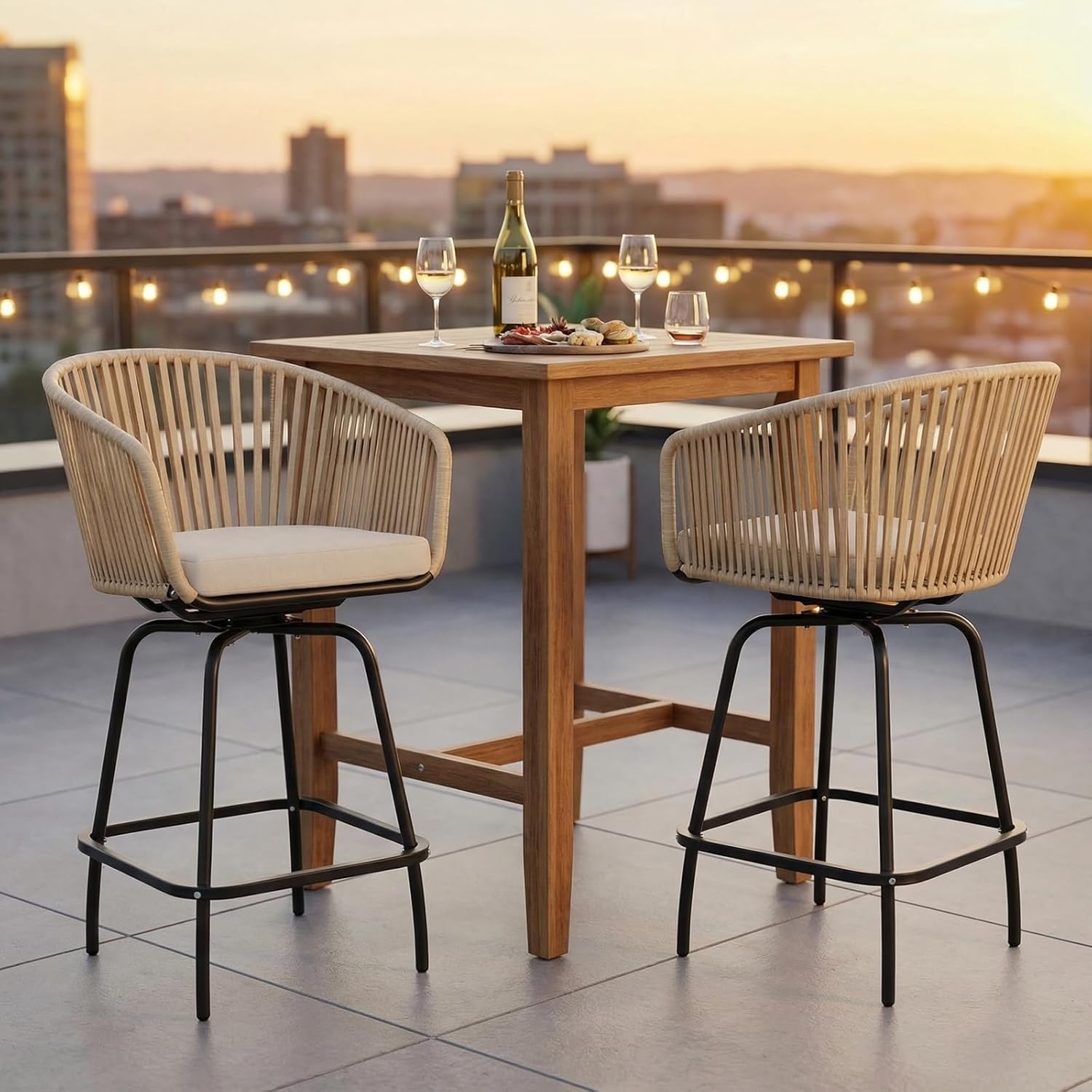 Outdoor Swivel Bar Stools Set of 2, 26.8" Counter Height Patio Chairs with 360° Rotation & Removable Cushion