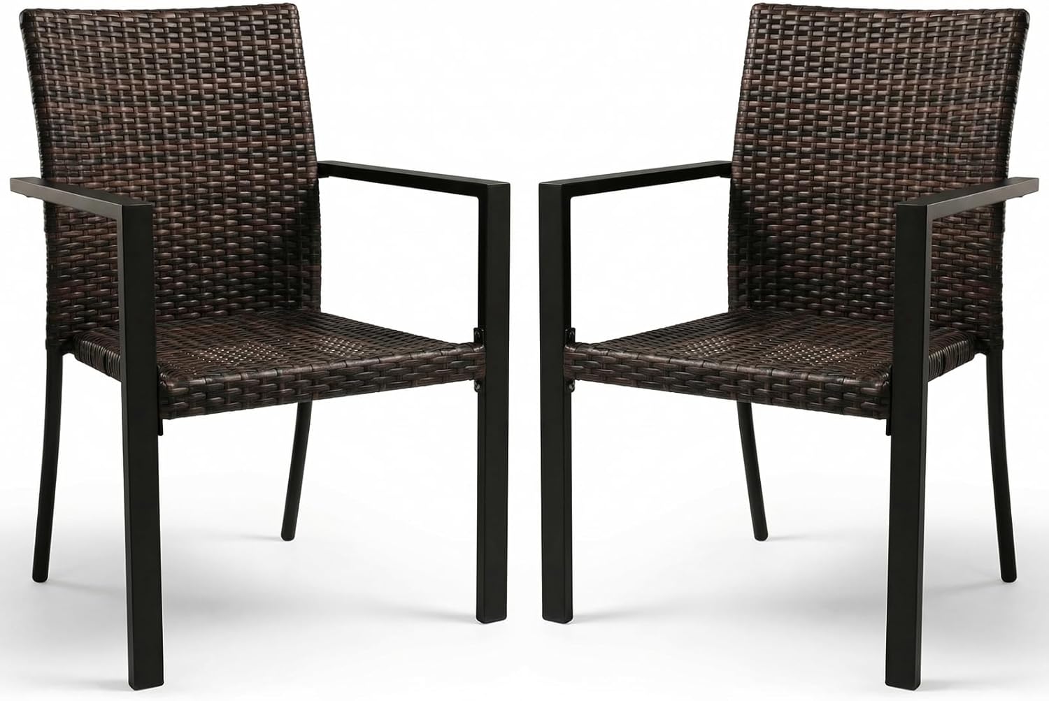 Stackable Patio Chairs Set of 2, Outdoor Wicker Dining Chairs with Armrests & Steel Frame