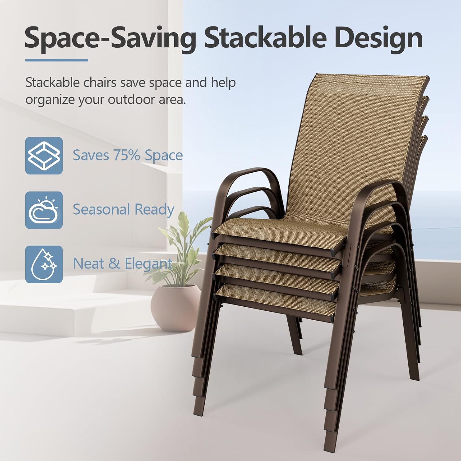 Patio Chairs Set of 4 with Armrests, Outdoor Stackable Dining Chairs with Breathable Backrest and Metal Frame