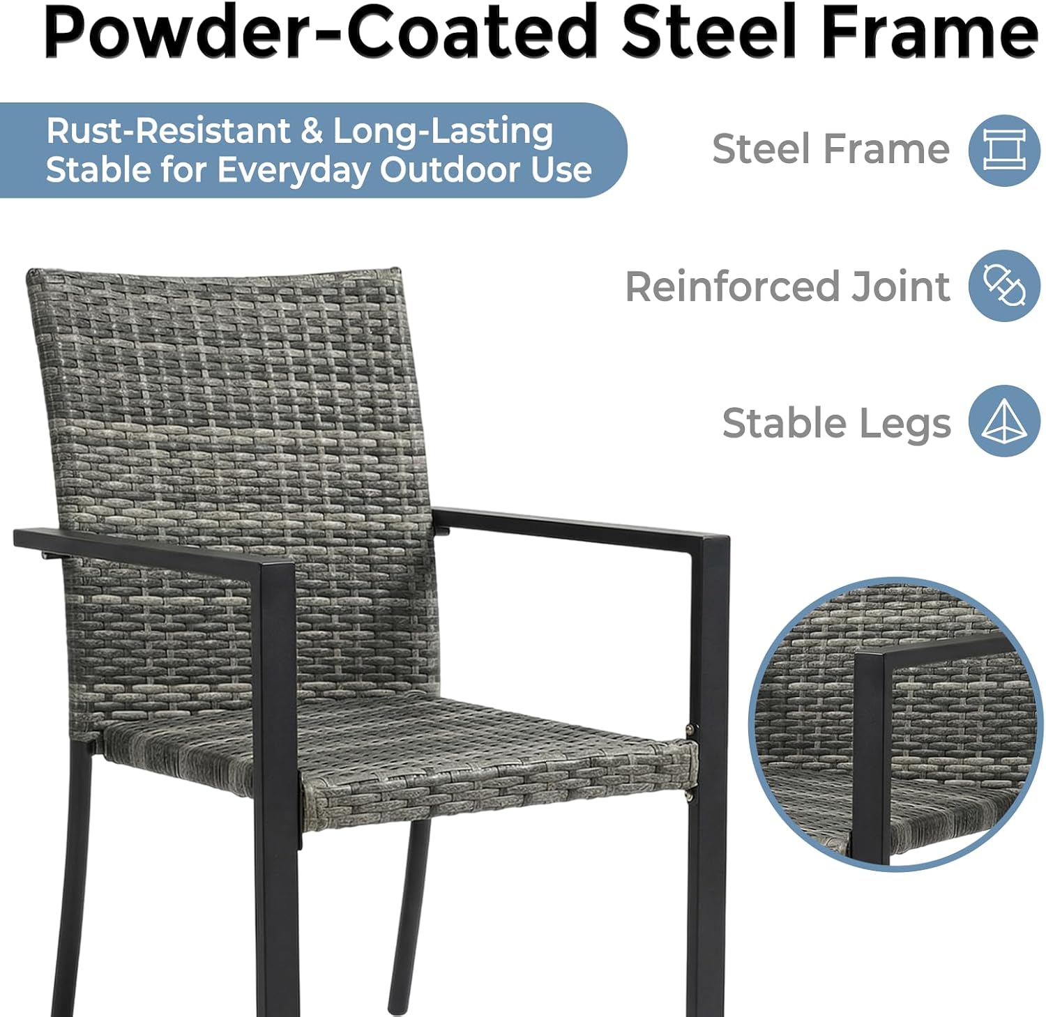 Stackable Patio Chairs Set of 2, Outdoor Wicker Dining Chairs with Armrests & Steel Frame