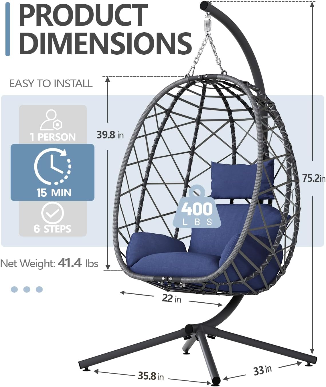 Hanging Egg Chair with Stand, Outdoor Indoor Rattan Wicker Egg Swing Chair with Cushion, Heavy Duty Patio Hammock Chairs