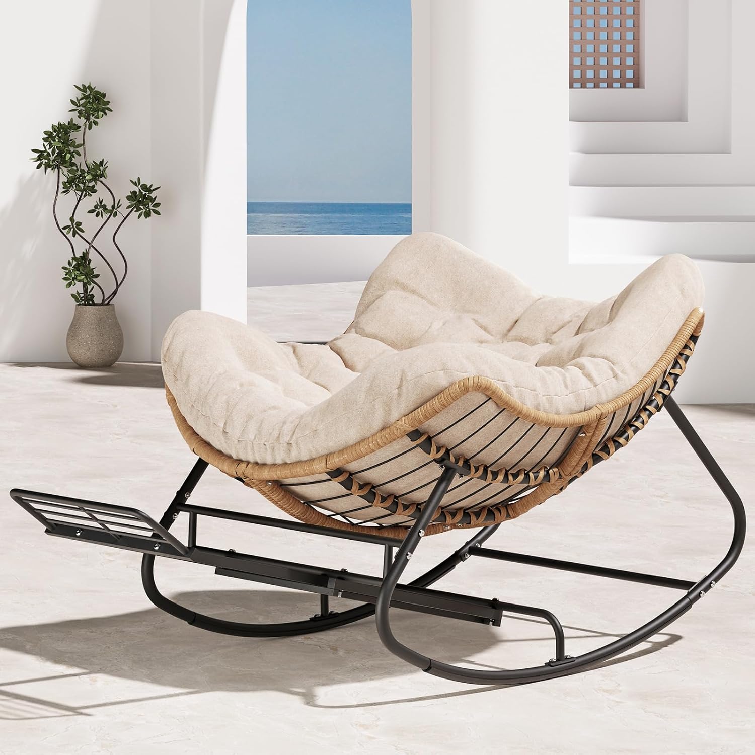 Outdoor Papasan Rocking Chair with Adjustable Footrest, Oversized Wicker Zero-Gravity Chair with Cushion