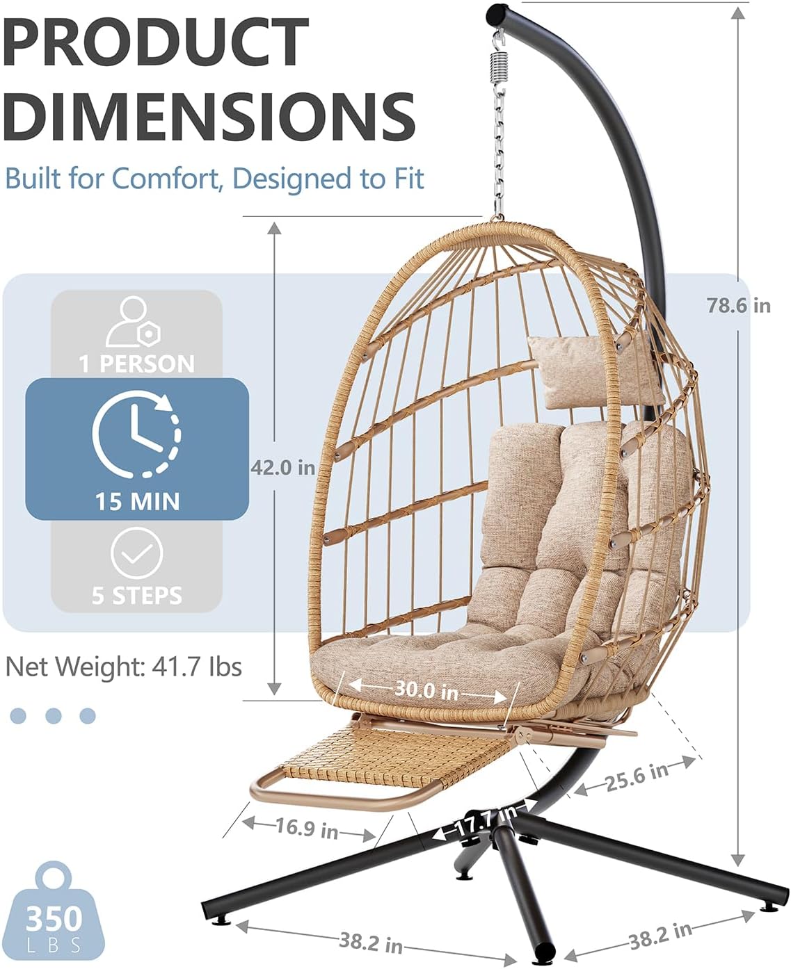 Egg Chair Outdoor with Footrest & Stand, Indoor Wicker Hanging Egg Swing Chair with Cushion for Patio