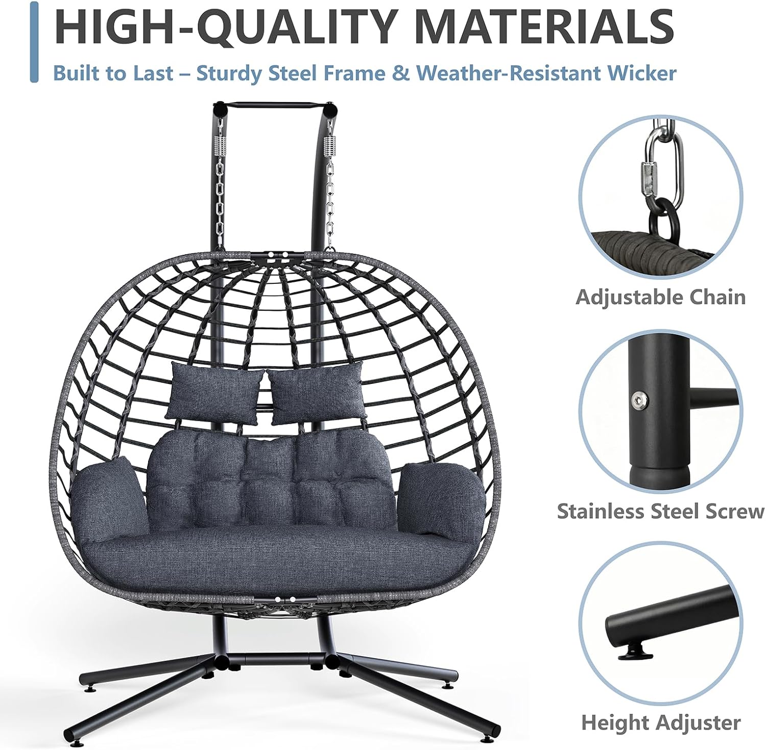 Double Egg Swing Chair with Stand, Outdoor Patio 2 Person Hanging Wicker Hammock Chairs with Cushion