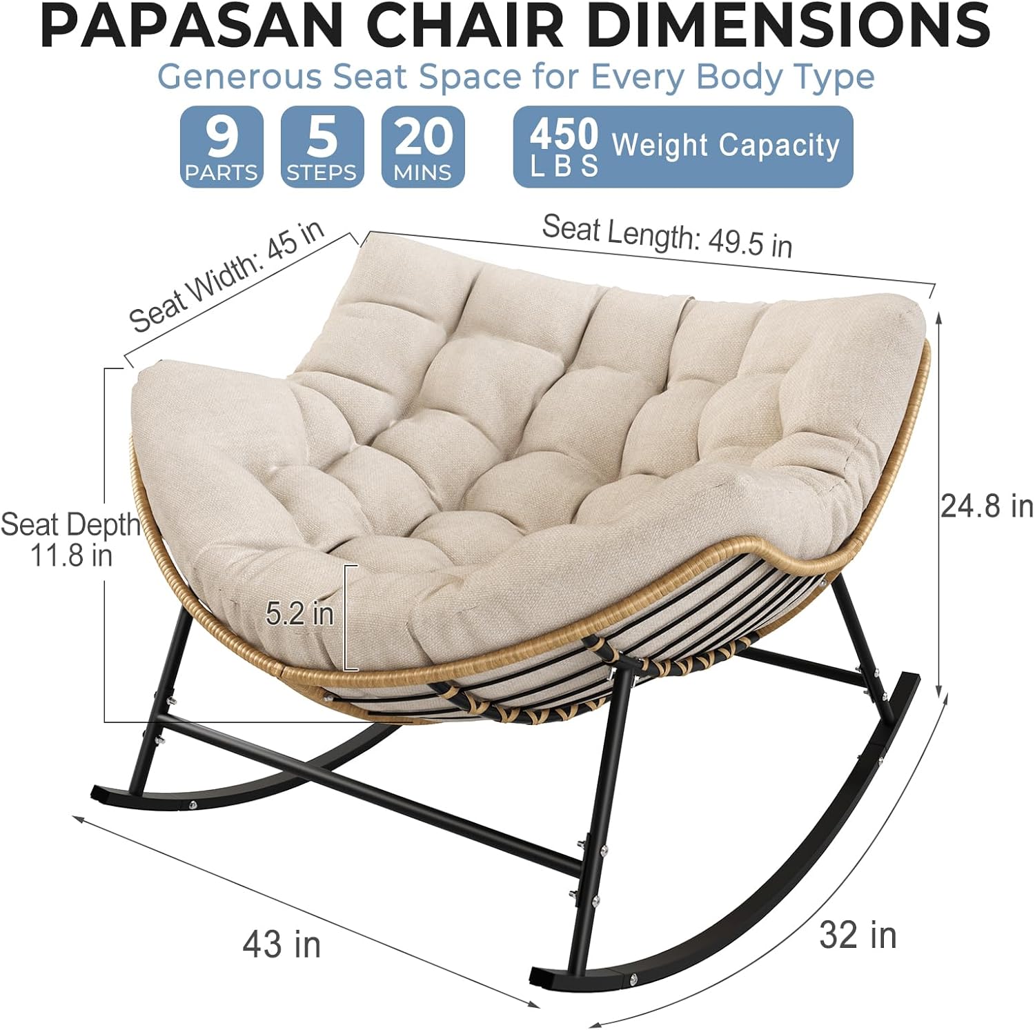 Oversized Rocking Papasan Chair, Outdoor Wicker Egg Rocker with Thick Cushion