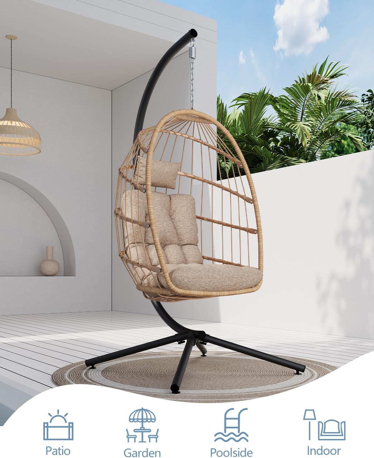 Egg Chair Outdoor with Stand, Indoor Wicker Hanging Egg Swing Chair with Cushion