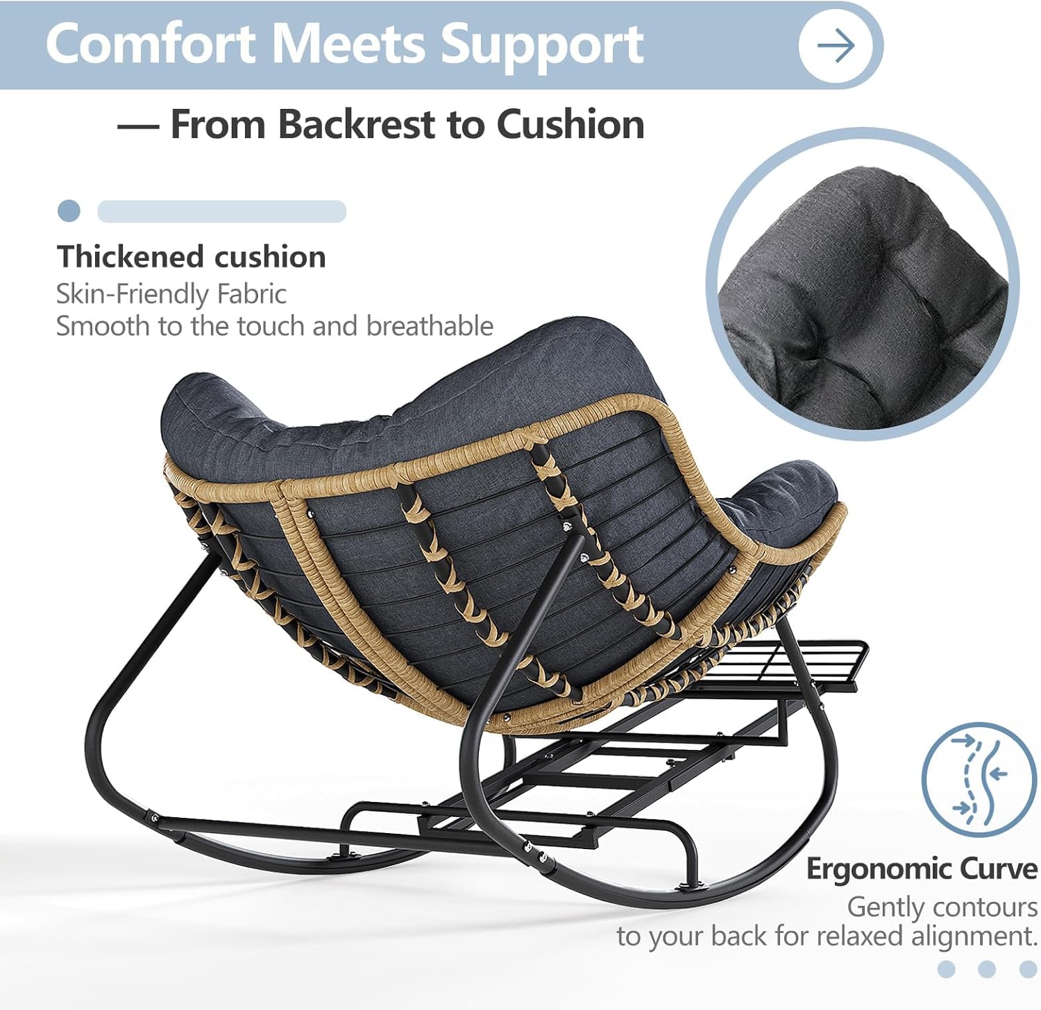 Papasan Rocking Chair with Adjustable Footrest, Oversized Wicker Zero-Gravity Outdoor Rocker with Cushion