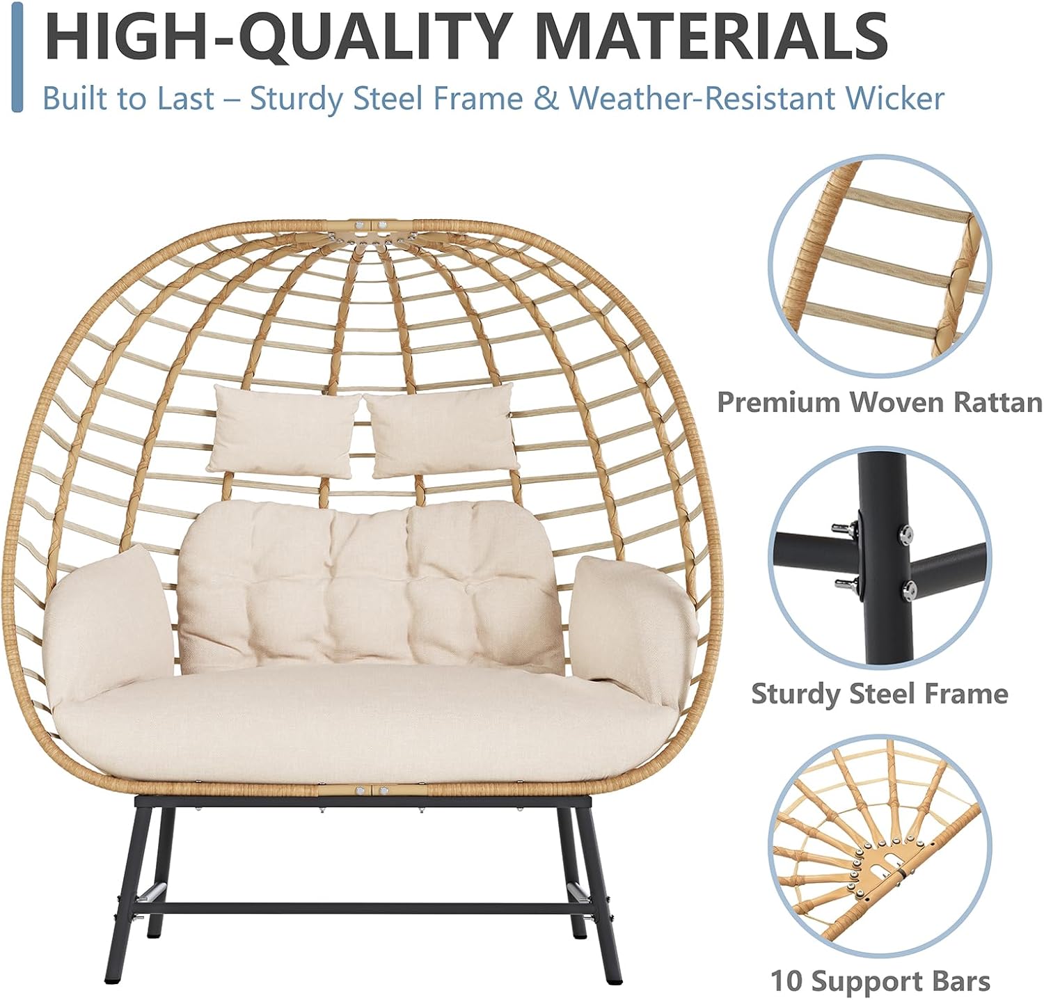 Double Wicker Egg Chair Outdoor, Indoor Oversized Papasan Loveseat with Thick Cushion
