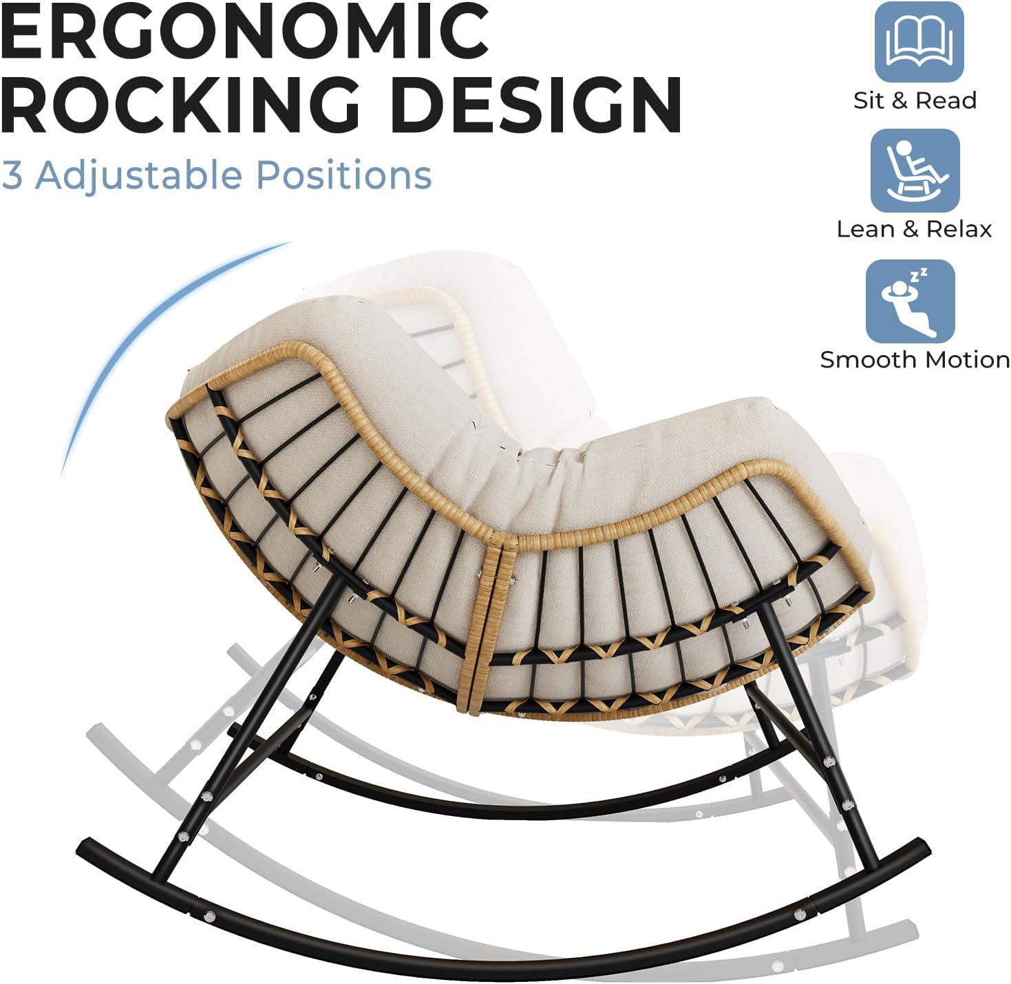 Oversized Rocking Papasan Chair, Outdoor Wicker Egg Rocker with Thick Cushion