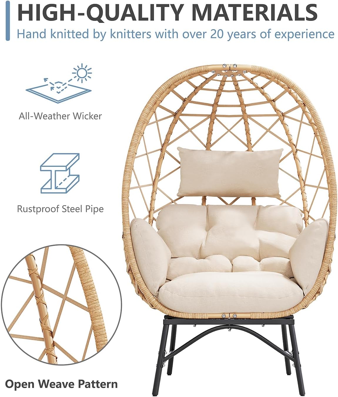 Wicker Egg Chair Outdoor, Oversized Patio Lounge Chairs with Cushion