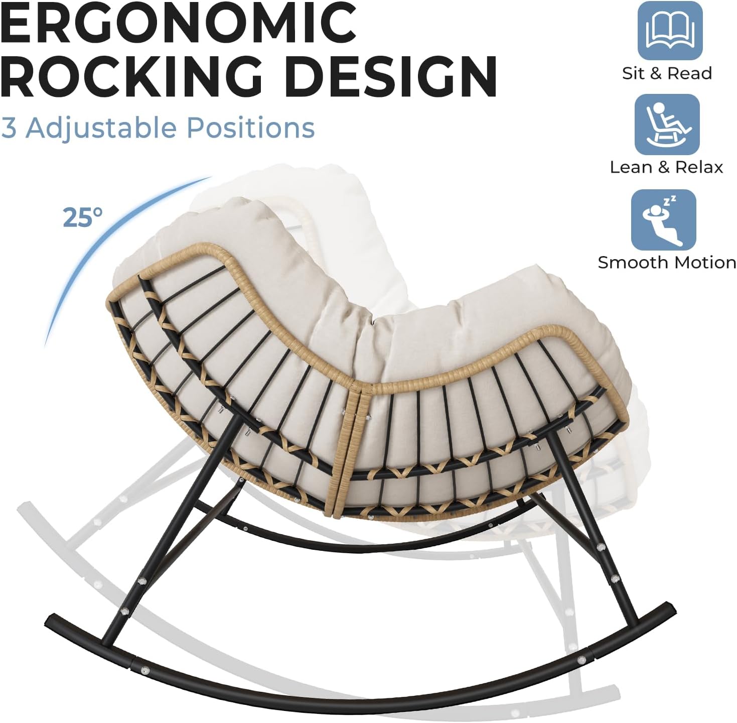 Oversized Double Rocking Papasan Chair, Outdoor Wicker Egg Loveseat with Thick Cushion