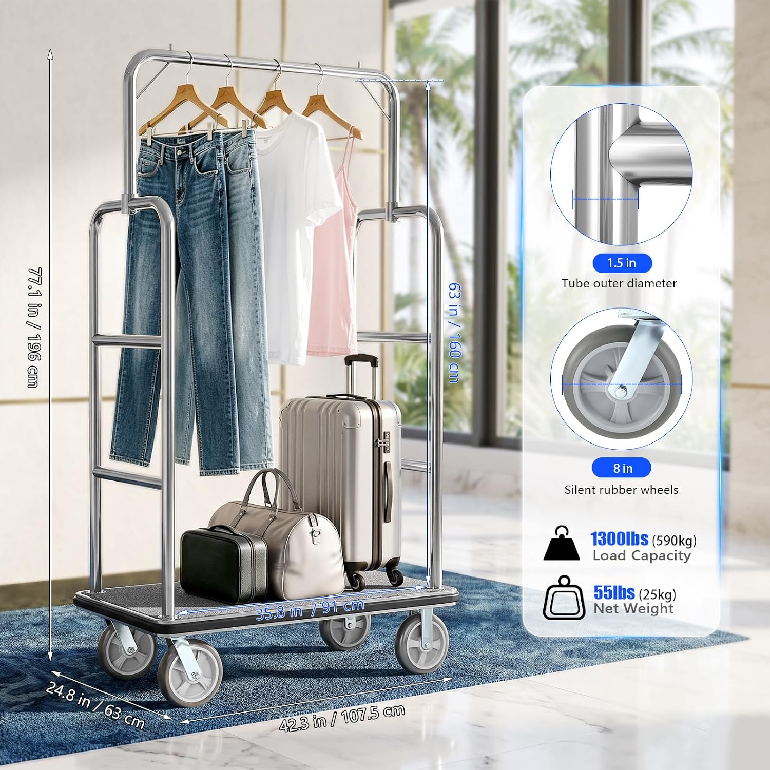 Hotel Luggage Cart, 1300 lbs Rolling Trolley with 8in Wheels