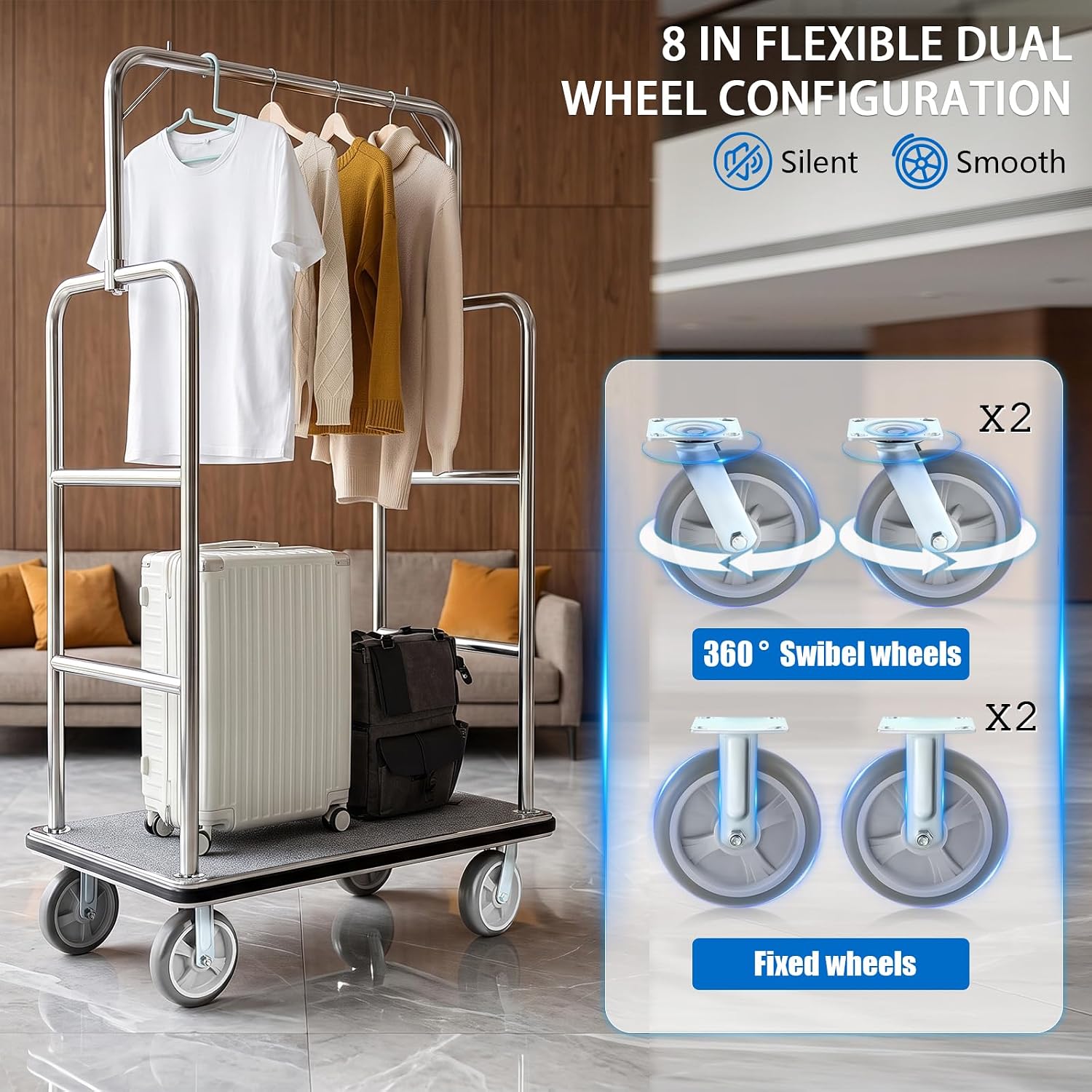 Hotel Luggage Cart, 1300 lbs Rolling Trolley with 8in Wheels