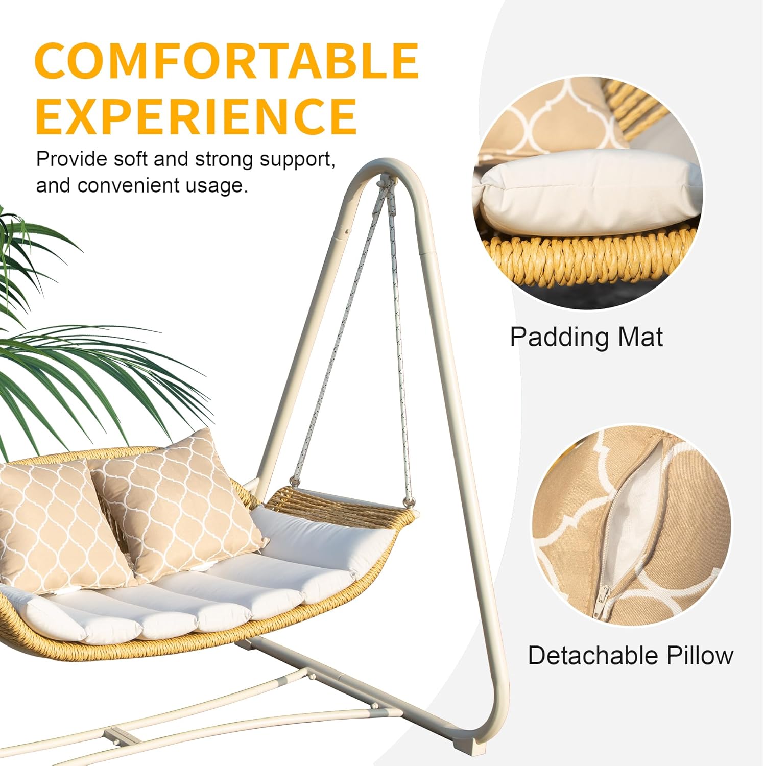 2-Seat Hanging Swing Chair with Thickened Cushions and Pillow, Rattan Porch Swing Chair