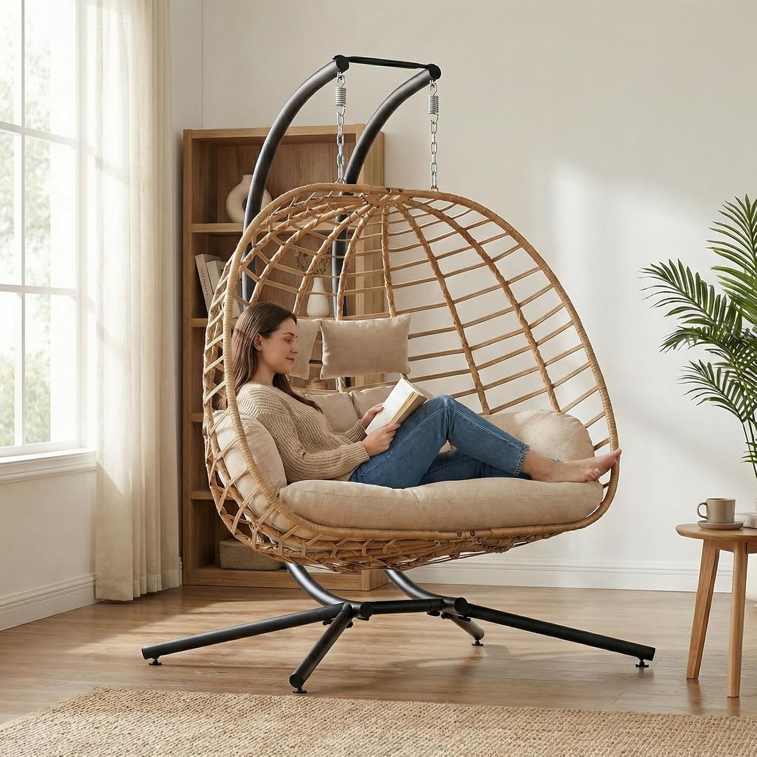 Double Egg Swing Chair with Stand, Outdoor Patio 2 Person Hanging Wicker Hammock Chairs with Cushion