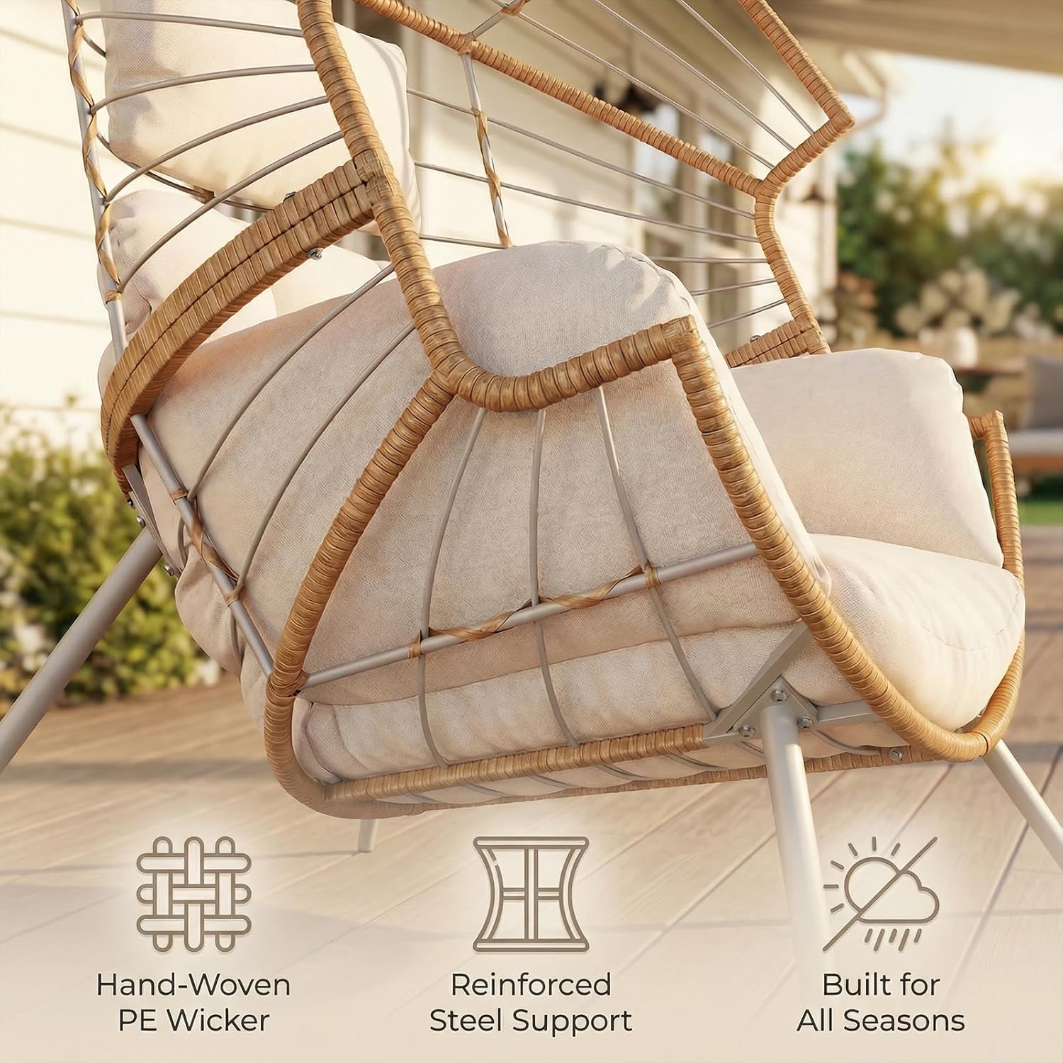 Wicker Egg Chair Outdoor Indoor, Oversized Patio Egg Chair with Cushion