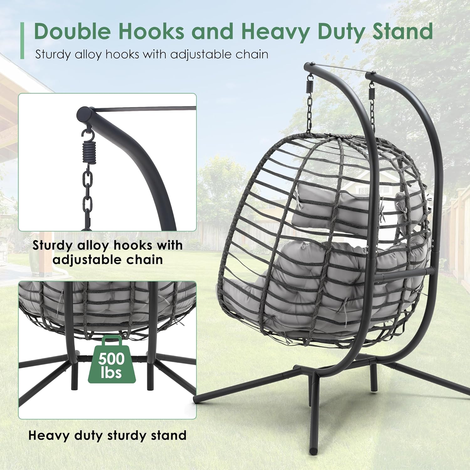 2 Person Hanging Egg Chair with Stand for Outdoor, Patio Hand Made Rattan Wicker Double Egg Swing Chair