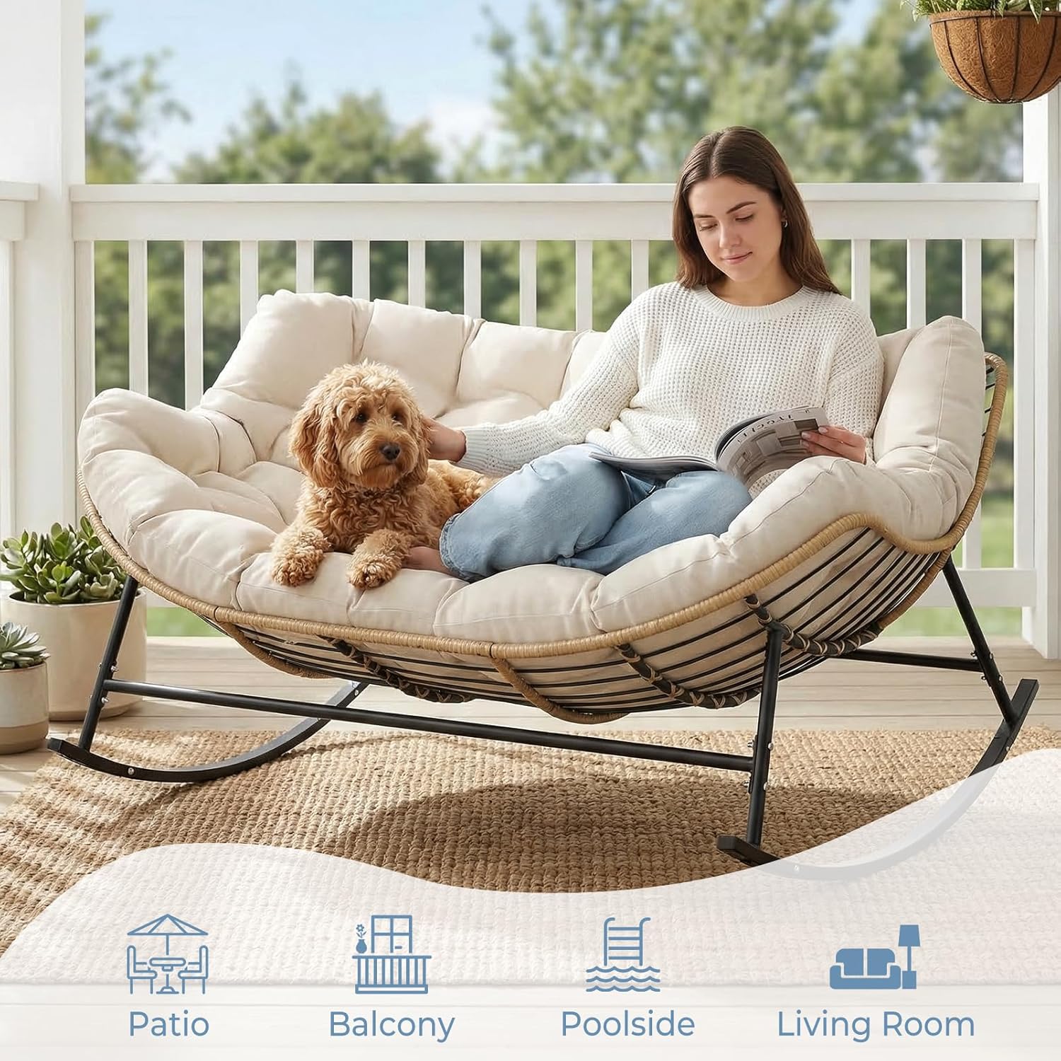 Oversized Double Rocking Papasan Chair, Outdoor Wicker Egg Loveseat with Thick Cushion