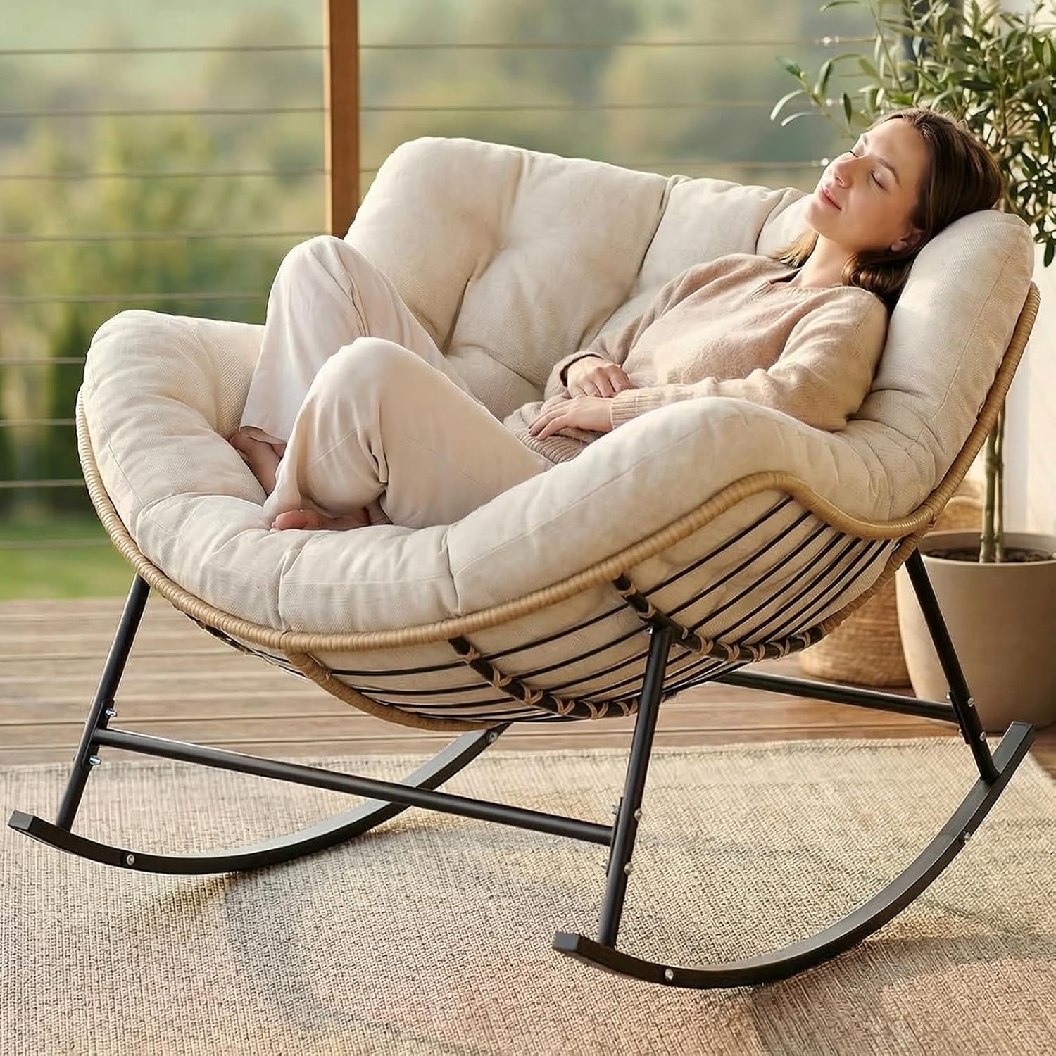 Oversized Rocking Papasan Chair, Outdoor Wicker Egg Rocker with Thick Cushion