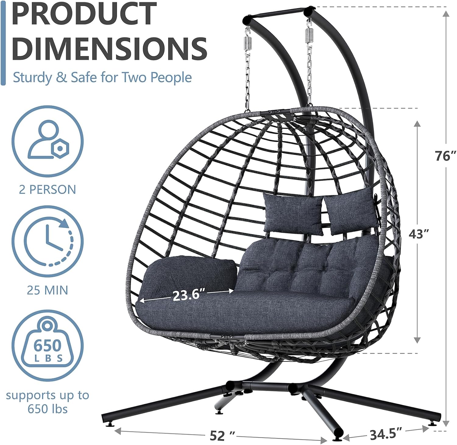 Double Egg Swing Chair with Stand, Outdoor Patio 2 Person Hanging Wicker Hammock Chairs with Cushion