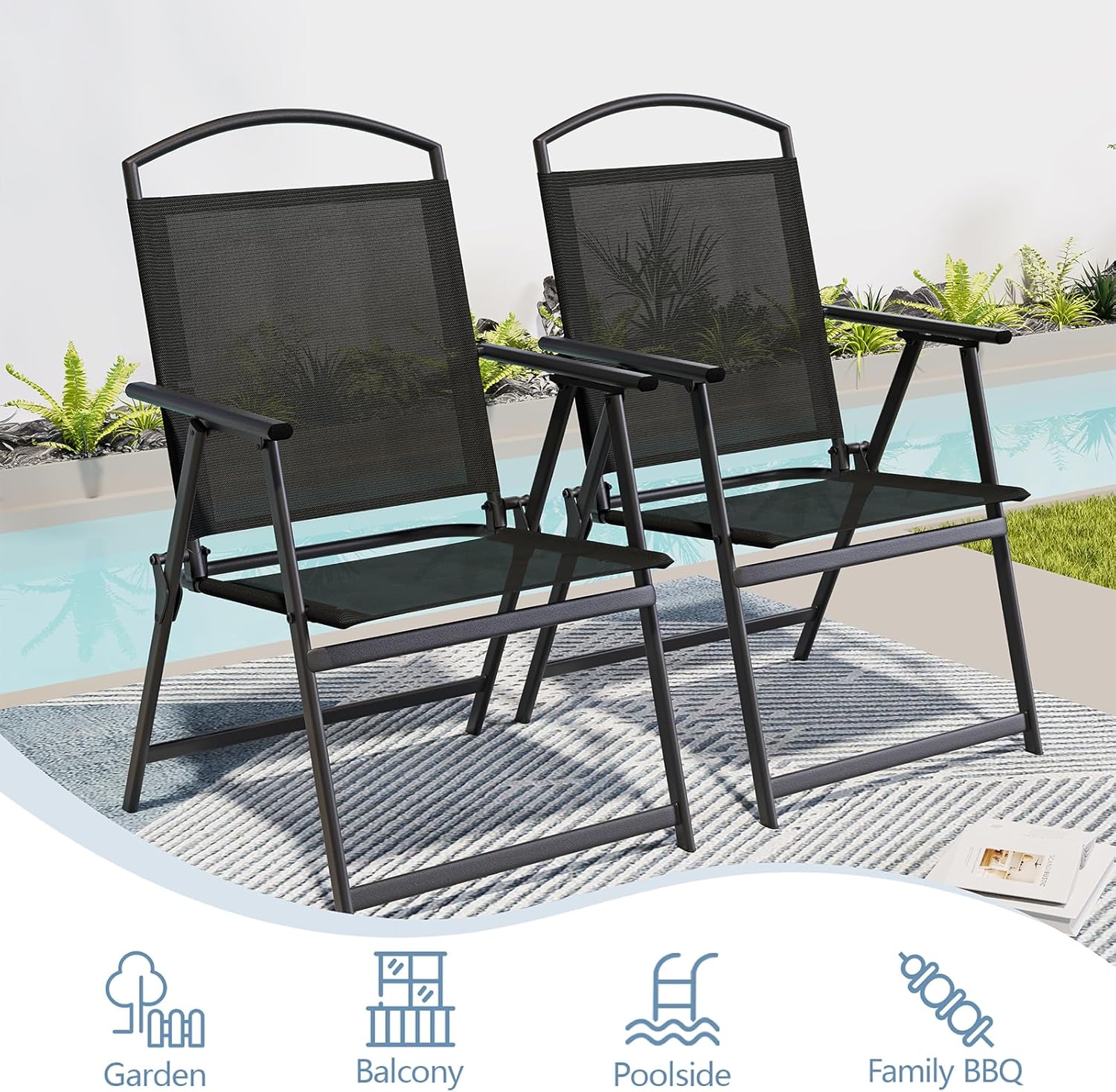 Folding Patio Chairs Set of 2, Outdoor Dining Chairs with Armrests