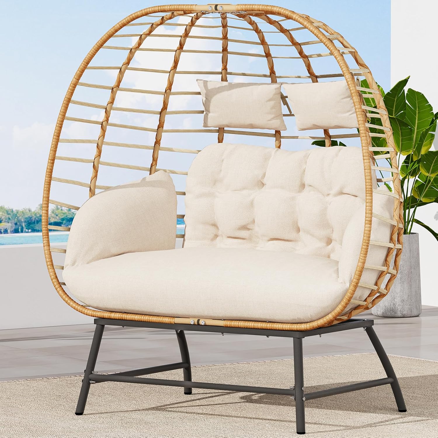 Double Wicker Egg Chair Outdoor, Indoor Oversized Papasan Loveseat with Thick Cushion