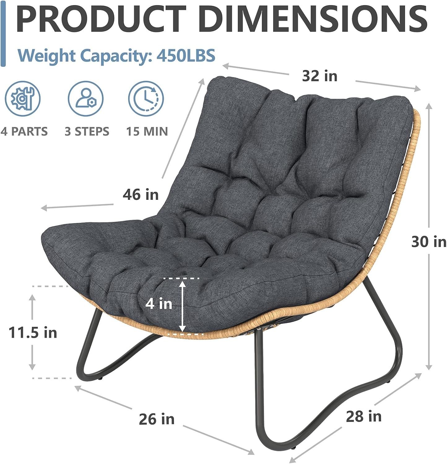 Outdoor Wicker Papasan Egg Chair, Oversized Patio Lounge Recliner with Thick Cushion