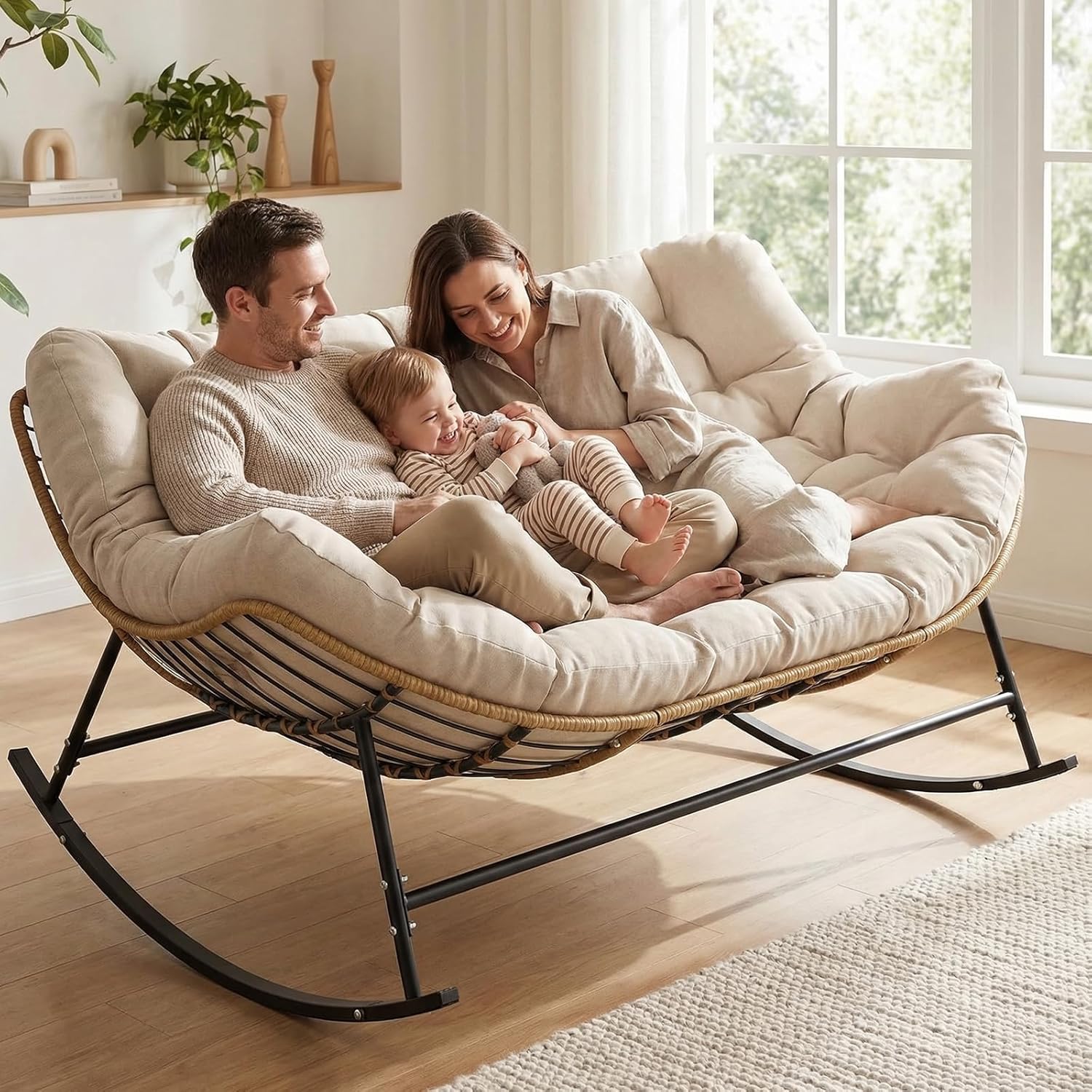 Oversized Double Rocking Papasan Chair, Outdoor Wicker Egg Loveseat with Thick Cushion