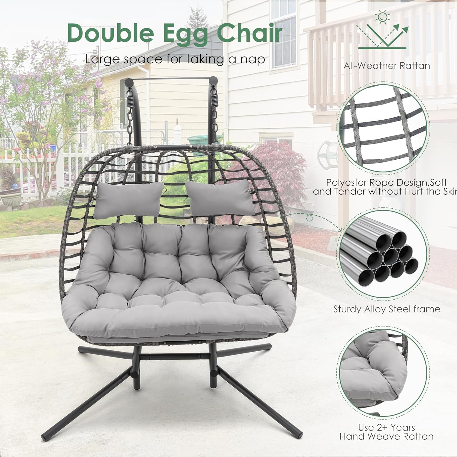 2 Person Hanging Egg Chair with Stand for Outdoor, Patio Hand Made Rattan Wicker Double Egg Swing Chair