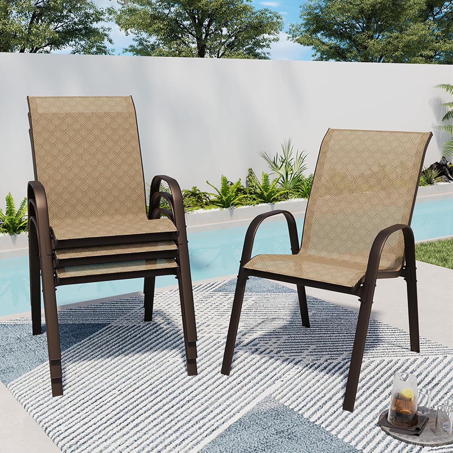 Patio Chairs Set of 4 with Armrests, Outdoor Stackable Dining Chairs with Breathable Backrest and Metal Frame