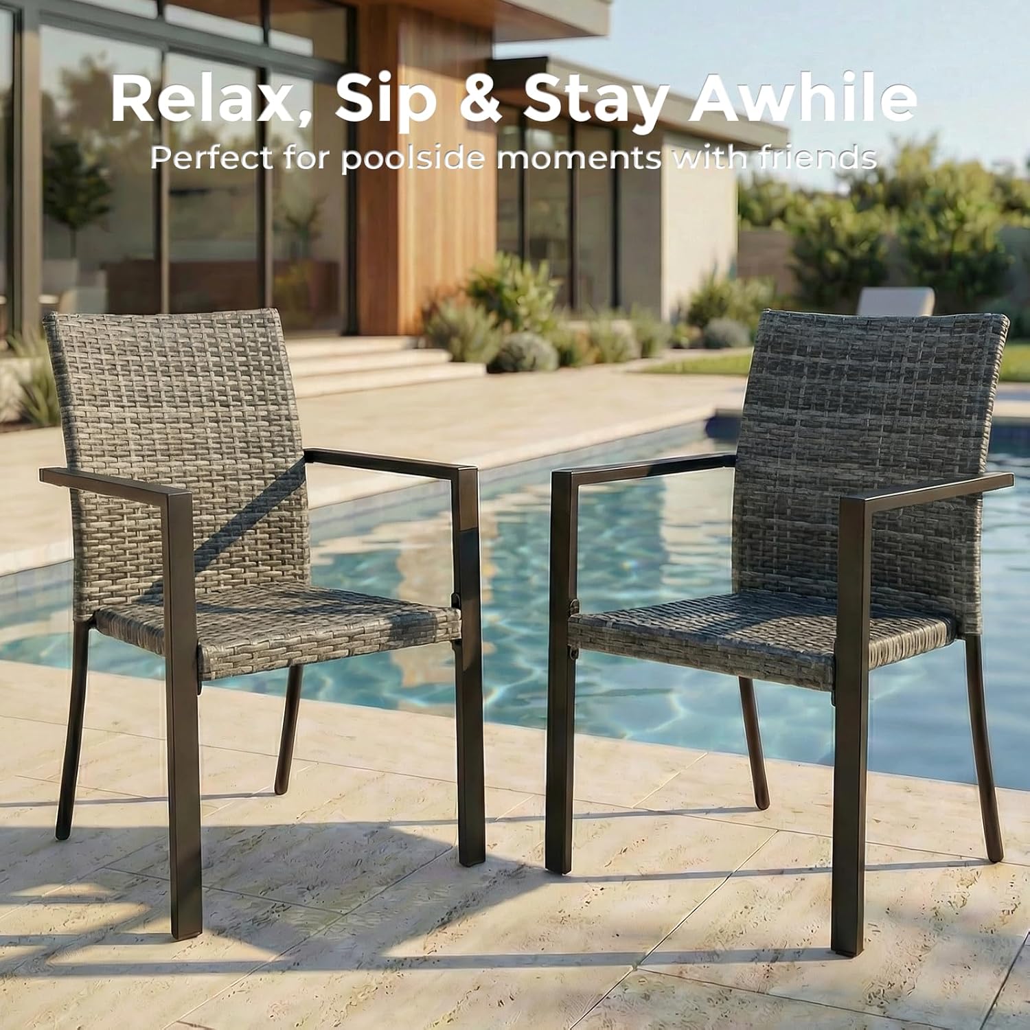 Stackable Patio Chairs Set of 2, Outdoor Wicker Dining Chairs with Armrests & Steel Frame