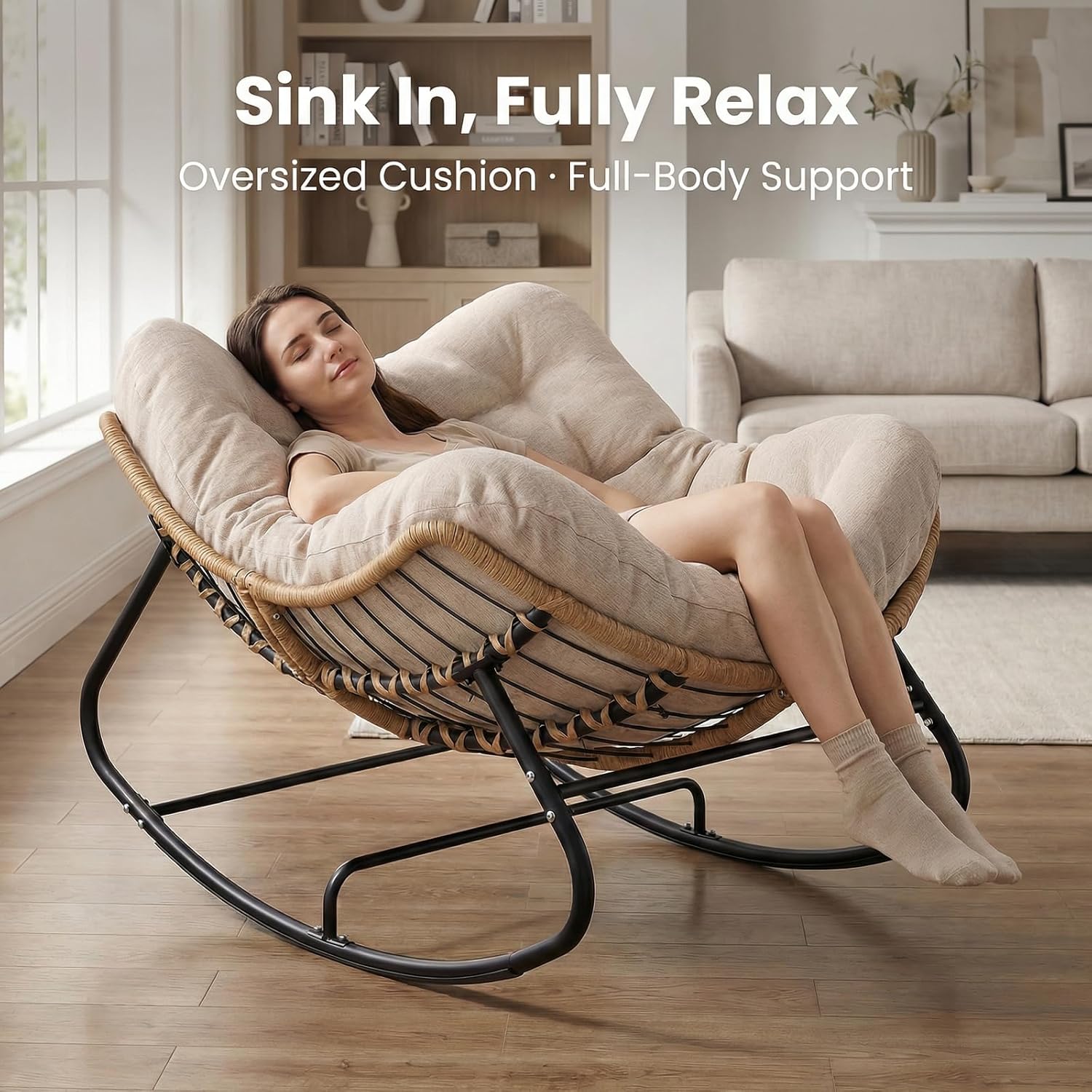 Oversized Patio Papasan Rocker, Comfy Wicker Reading Lounge